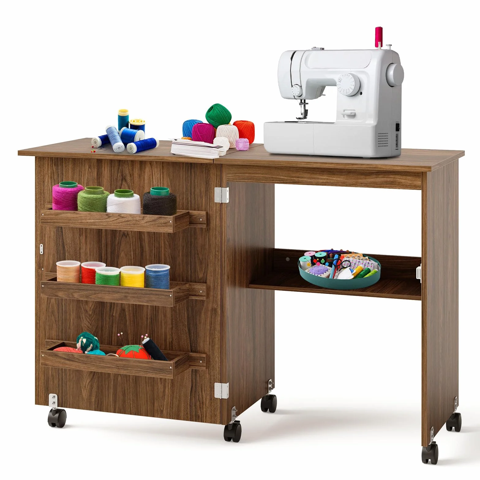 GYMAX Mobile per Macchina da Cucire, Tavolo Cucito Pieghevole Richiudibile, con Ripiani Portaoggetti e 5 Ruote, 118,5 x 40 x 79,5 cm (Marrone Scuro)