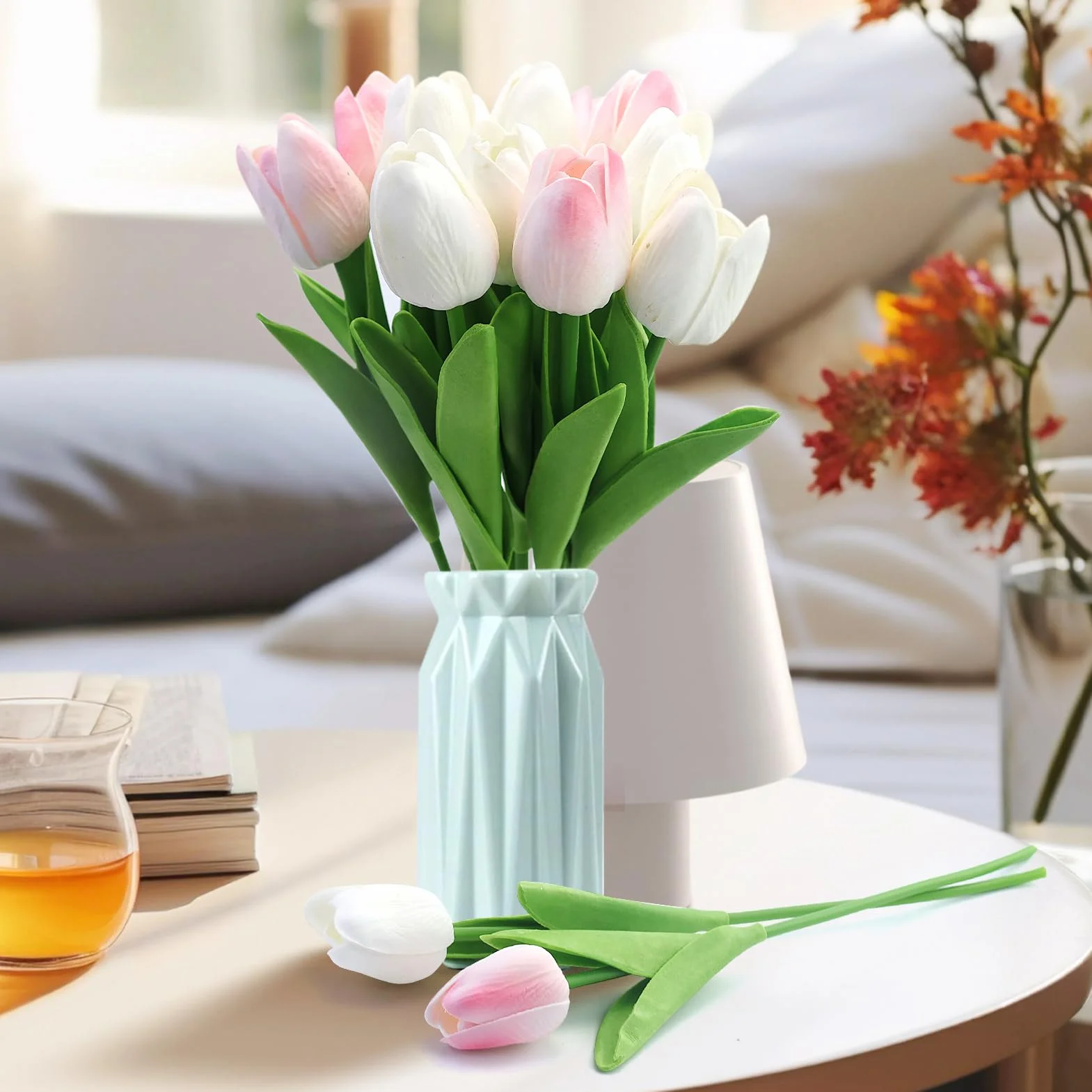Tulipani Artificiali in Lattice Bianco e Rosa 12 Pezzi per Matrimonio Bouquet