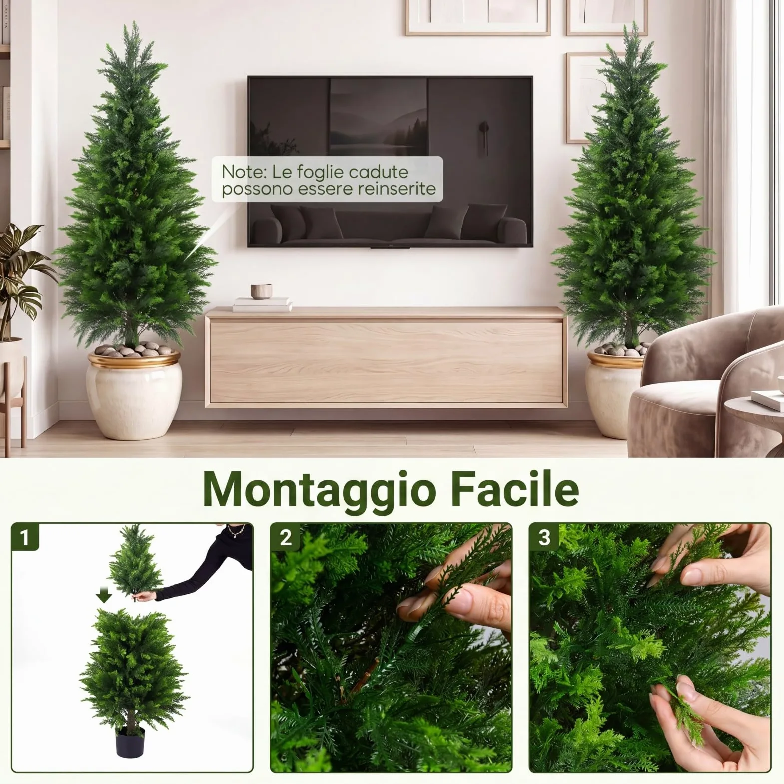 COSTWAY Set di 2 Alberi Artificiali di Cedro, Albero Artificiale in Vaso con Cemento e Fondo Rinforzato, Resistenti al Sole, Pianta Topiaria Finta da Interno e Esterno, per Casa e Ufficio (120 cm)