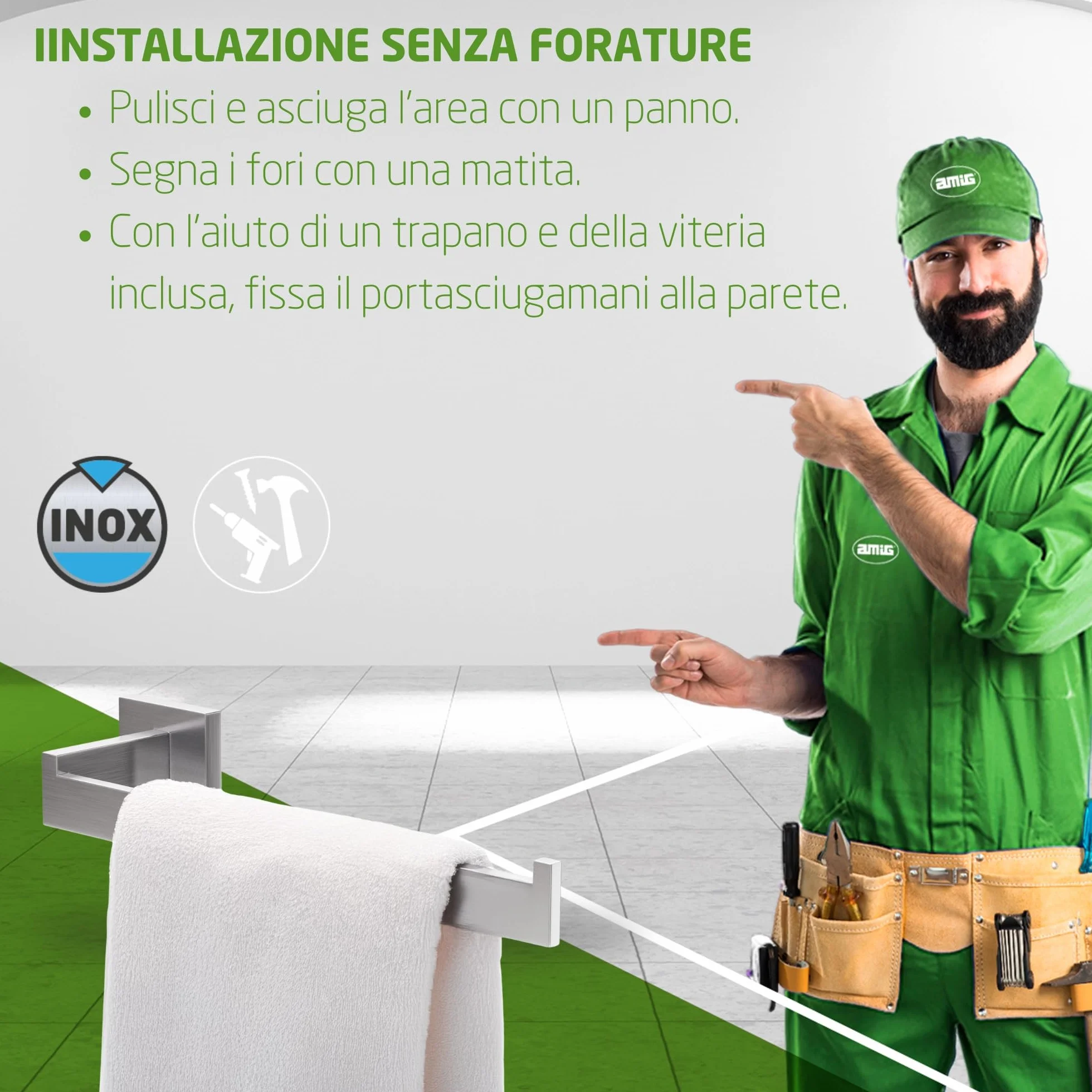Amig Portasciugamani da bagno Mod. Isla-2 270 x 75 x 55 mm Acciaio inossidabile Argento opaco