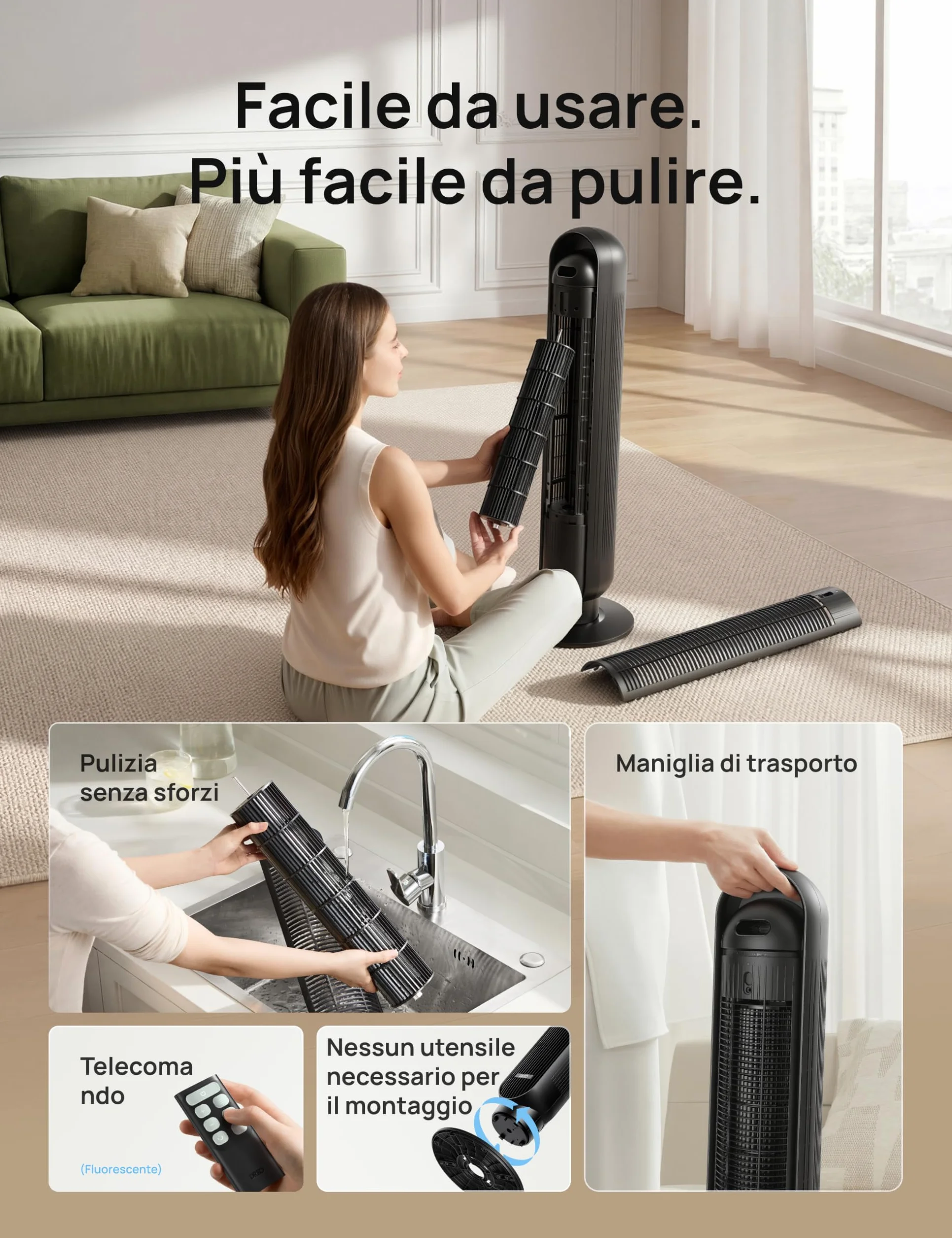 DREO 20dB Ventilatore a Torre Silenzioso, Potente 7.6 m/s, Ventilatori a Colonna con Telecomando, 4 Modalità, 4 Velocità, Oscillazione a 90°, Timer da 1 a 8 ore, Schermo LED, per la Camera da Letto