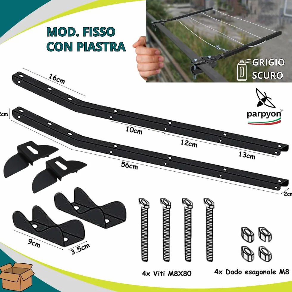 parpyon® Bracci Stendibiancheria da balcone esterno in ferro per filo stendere bucato, Fisso c/piastra Grigio scuro