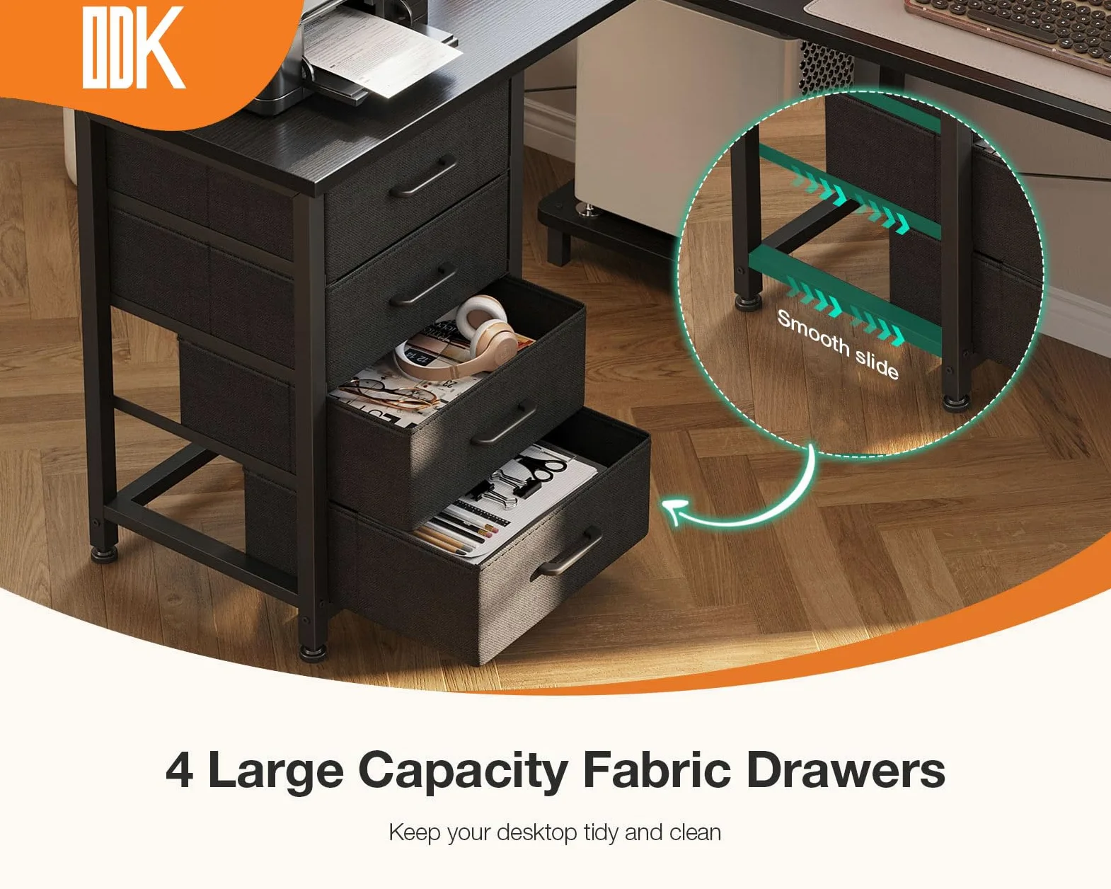 ODK Scrivania angolare con cassetti, scrivania reversibile a forma di L con presa di corrente, scrivanie da ufficio con porta di ricarica USB e supporto per host per casa e ufficio, nero, 135 x 100 cm