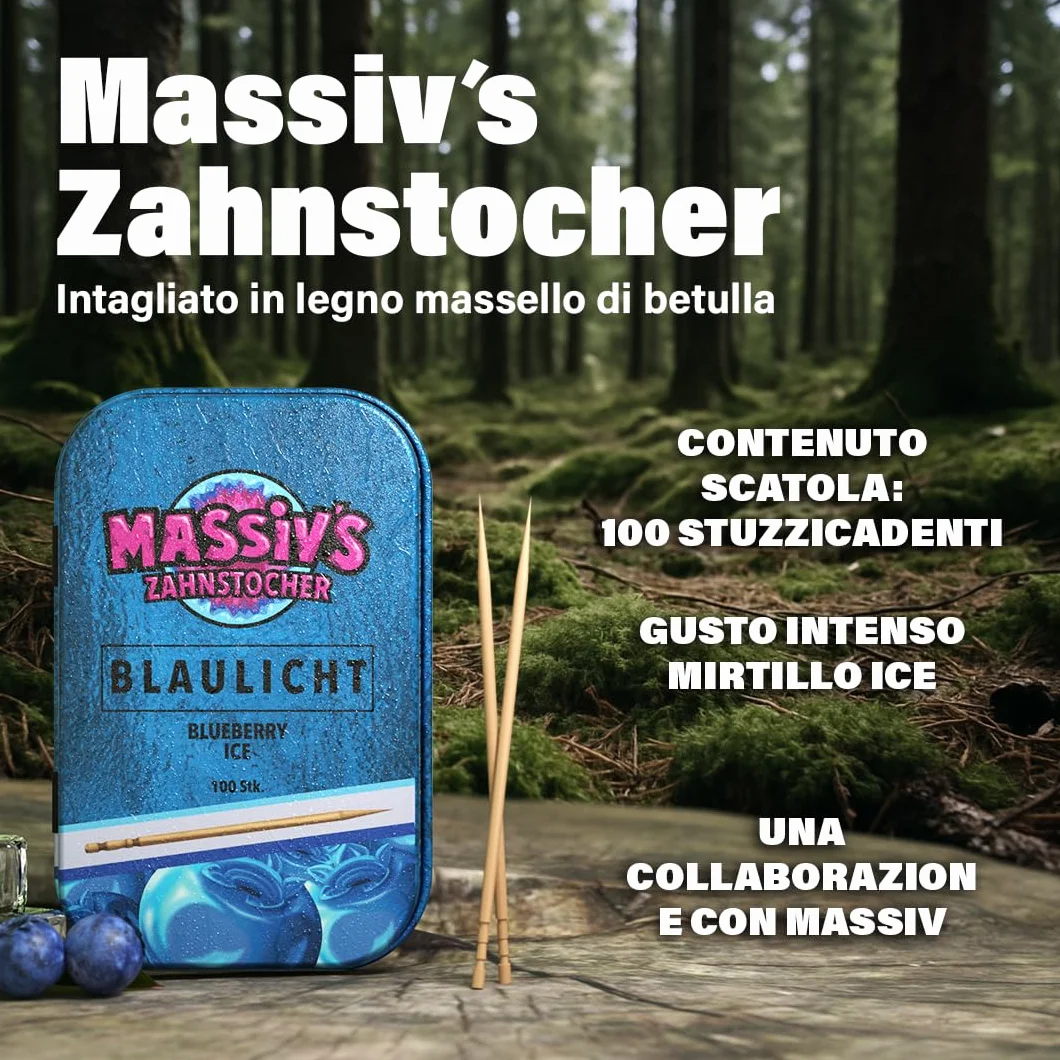 Blaulicht Blueberry Ice Zahnstocher Stuzzicadenti Aromatizzati 100 Pezzi Vegani Senza Zucchero