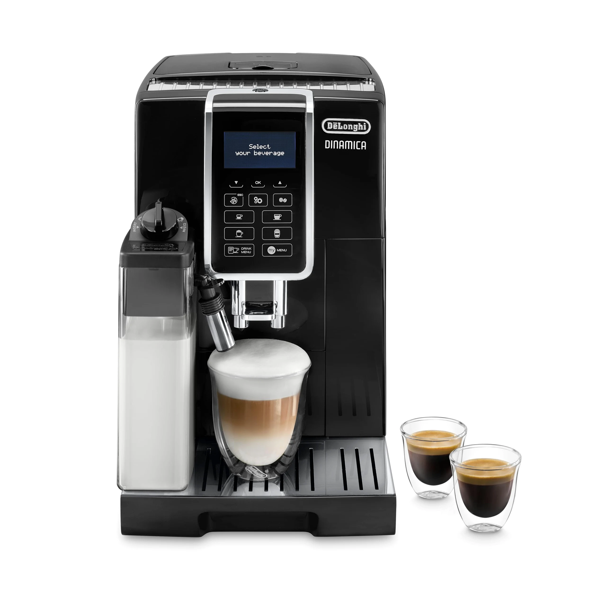 De'Longhi Perfetto Dinamica ECAM350.55.B, Macchina da Caffè Automatica, Chicchi macinati al momento, Caraffa Montalatte Automatica per Cappuccino, 4 Bevande One Touch, Spegnimento Programmabile, Nero