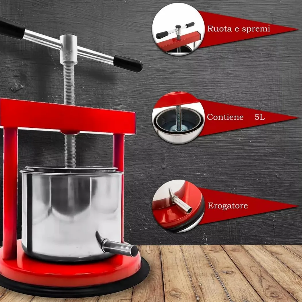 Torchio per Melanzane Uva Torchietto Premitutto Piccolo Grande Diverse Dimensioni In Acciaio Inox Filtro Tubo Scarico Manovella Facile Utilizzo Uva (Acciaio Inox 5 litri Rosso)