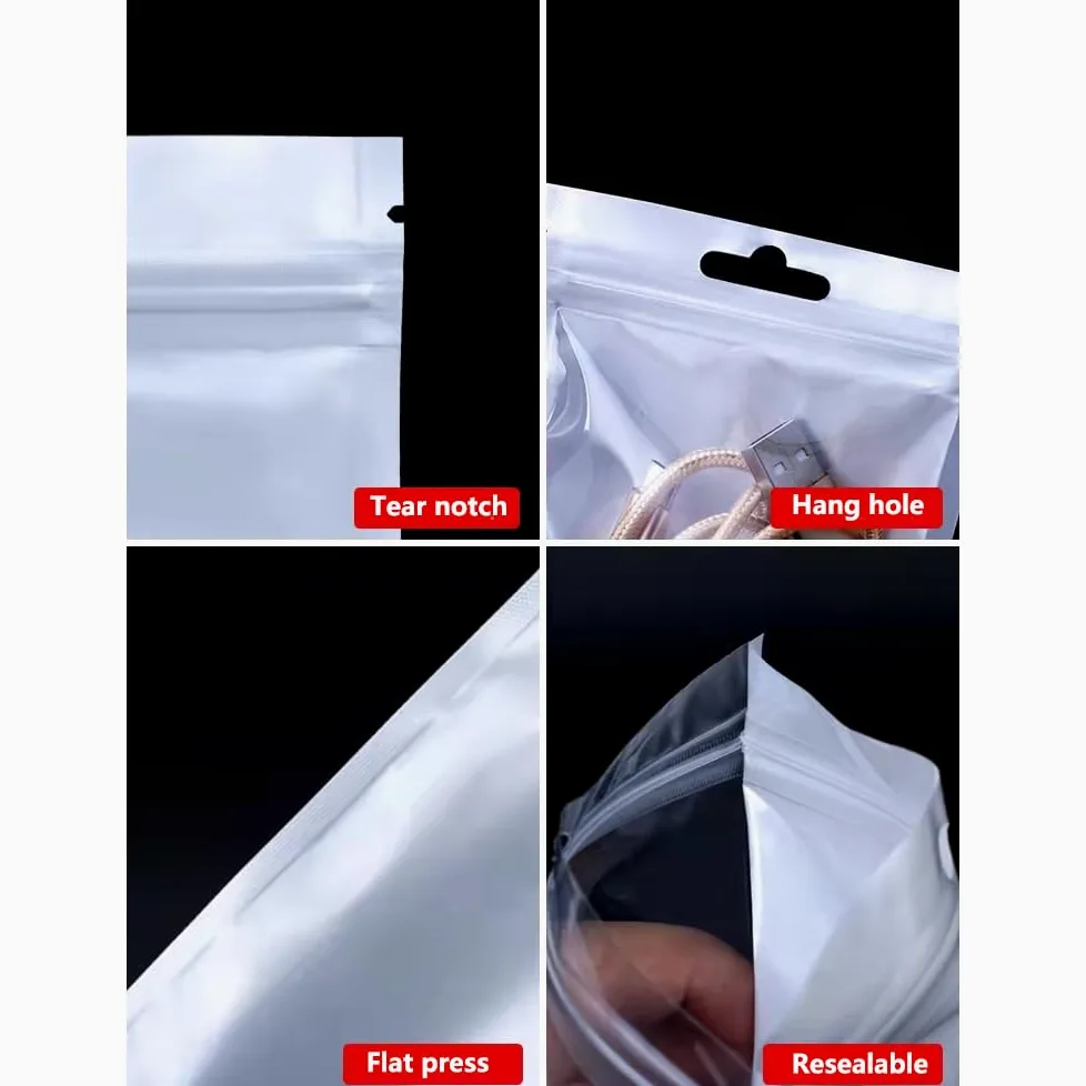 100 sacchetti in plastica bianca trasparente con chiusura lampo con foro per appendere, tacca a strappo, riutilizzabili, richiudibili, regalo, sacchetti per imballaggio per alimenti, 26 x 38 cm,Altro
