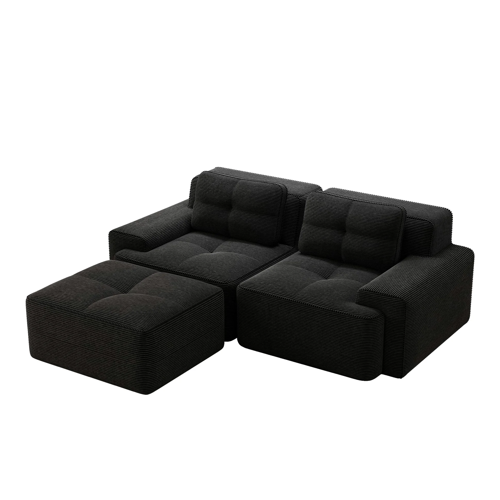 Divano modulare nero Boneless, moderno divano modulare a L per soggiorno, comodo divano in corduroy cloud con ottomano, divano letto a due posti trapuntato