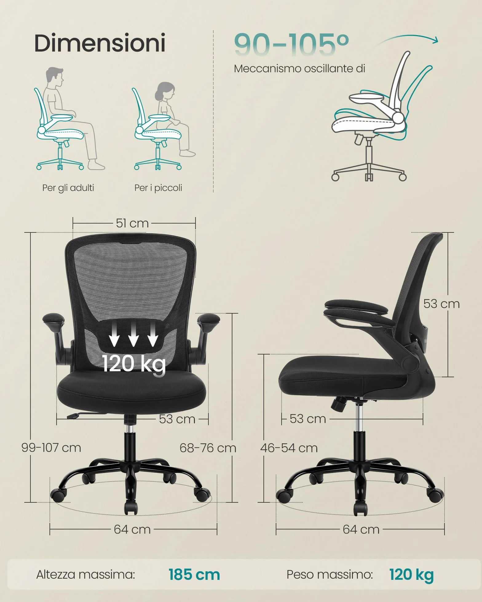 SONGMICS Sedia da Ufficio Girevole, Sedia di Rete da Computer Ergonomica, Supporto Lombare, Oscillante, Seduta 53 cm, Braccioli Pieghevoli, Nero OBN37BK