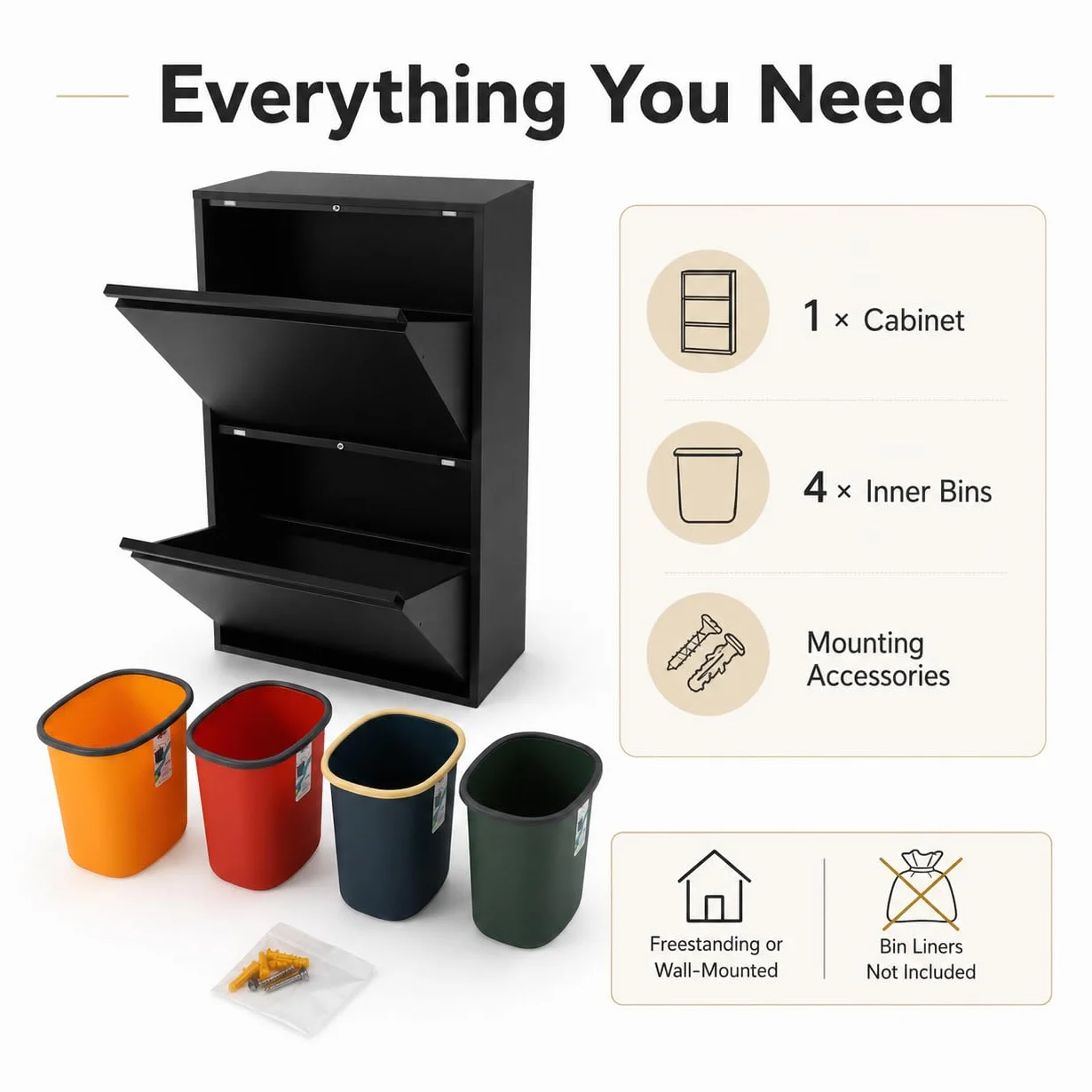 Sistema di raccolta differenziata con 4 contenitori da 15 l, pattumiera da cucina con armadio (nero) | 56 x 24,5 x 91 cm, acciaio laminato a freddo, 4 contenitori da 15 l, montaggio a parete, per cucina, ufficio, commercio