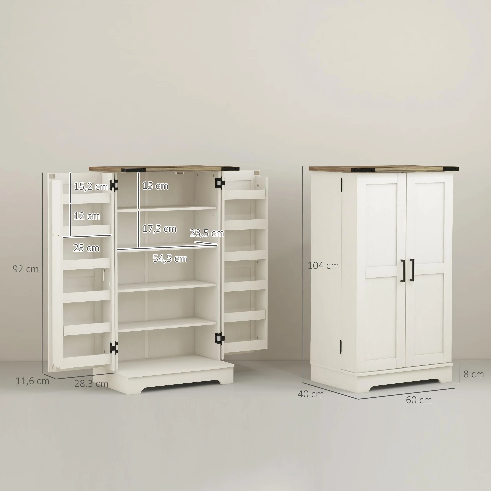 HOMCOM Armadio dispensa cucina armadio da cucina con 2 ante e 16 ripiani dispensa rustica con ripiano regolabile per sala da pranzo soggiorno 60x40x104 cm crema