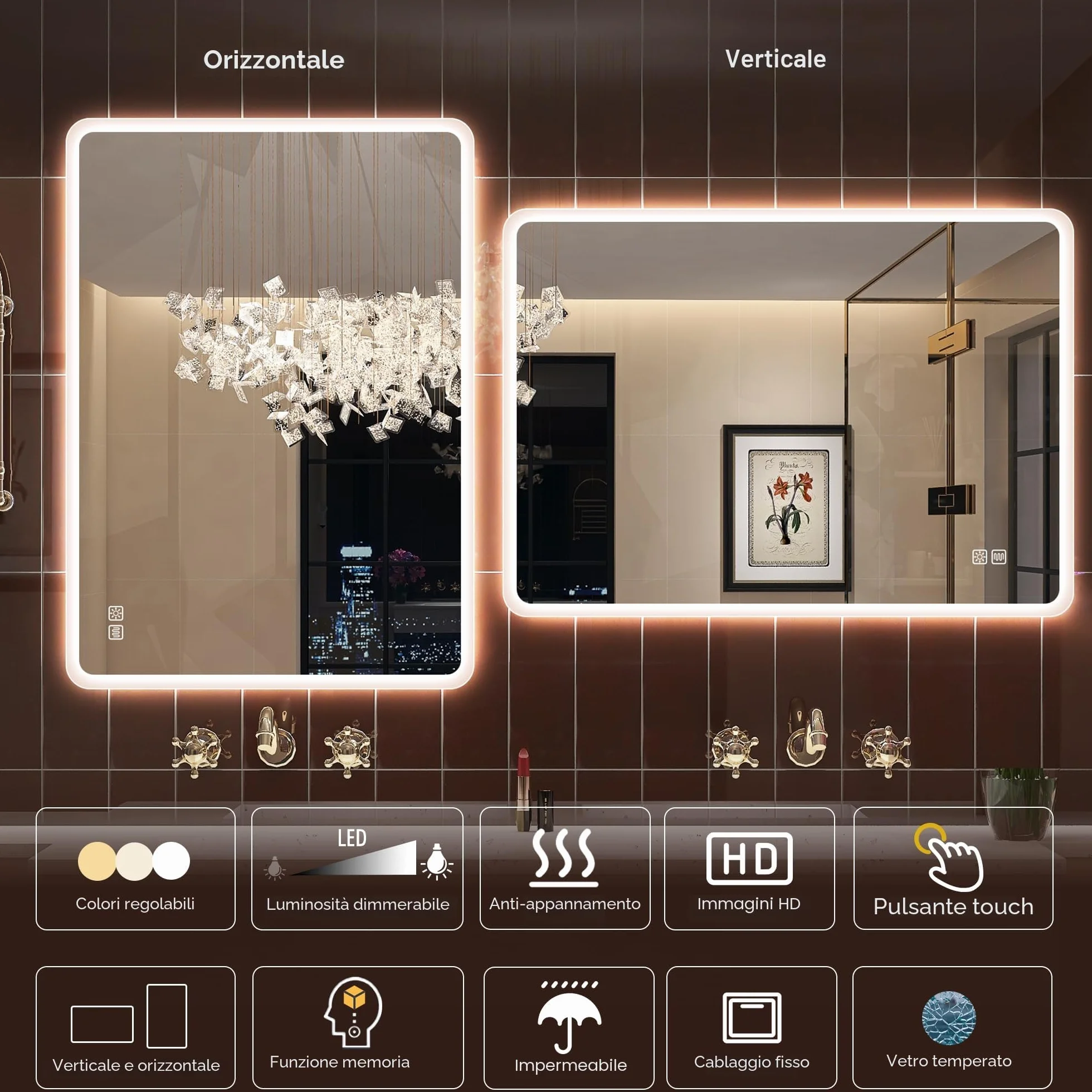 STARLEAD Specchio-Bagno-con-Luce 100x70 cm, Specchio-Bagno-LED con Antifog, 3 Colori Luce, Dimmerabile, IP44 Vetro Temperato HD Specchiera-Bagno, Funzione Memoria, Orizzontale/Verticale