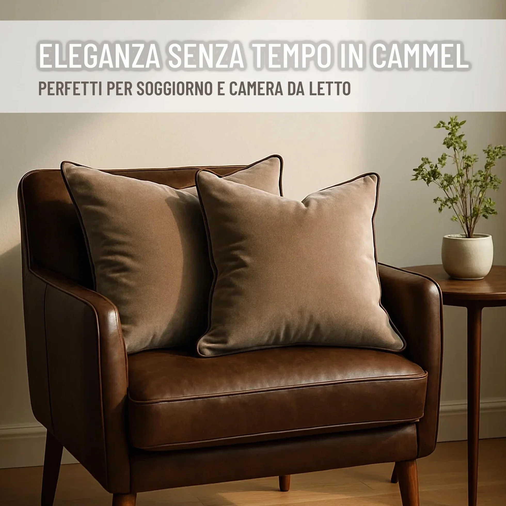 Set di 2 Fodere decorative per Cuscino. Modello OXFORD. Realizzate in velluto extra morbido. Design moderno con bordo a contrasto. Imbottitura non inclusa. (Camel/Marrone, 45x45cm)