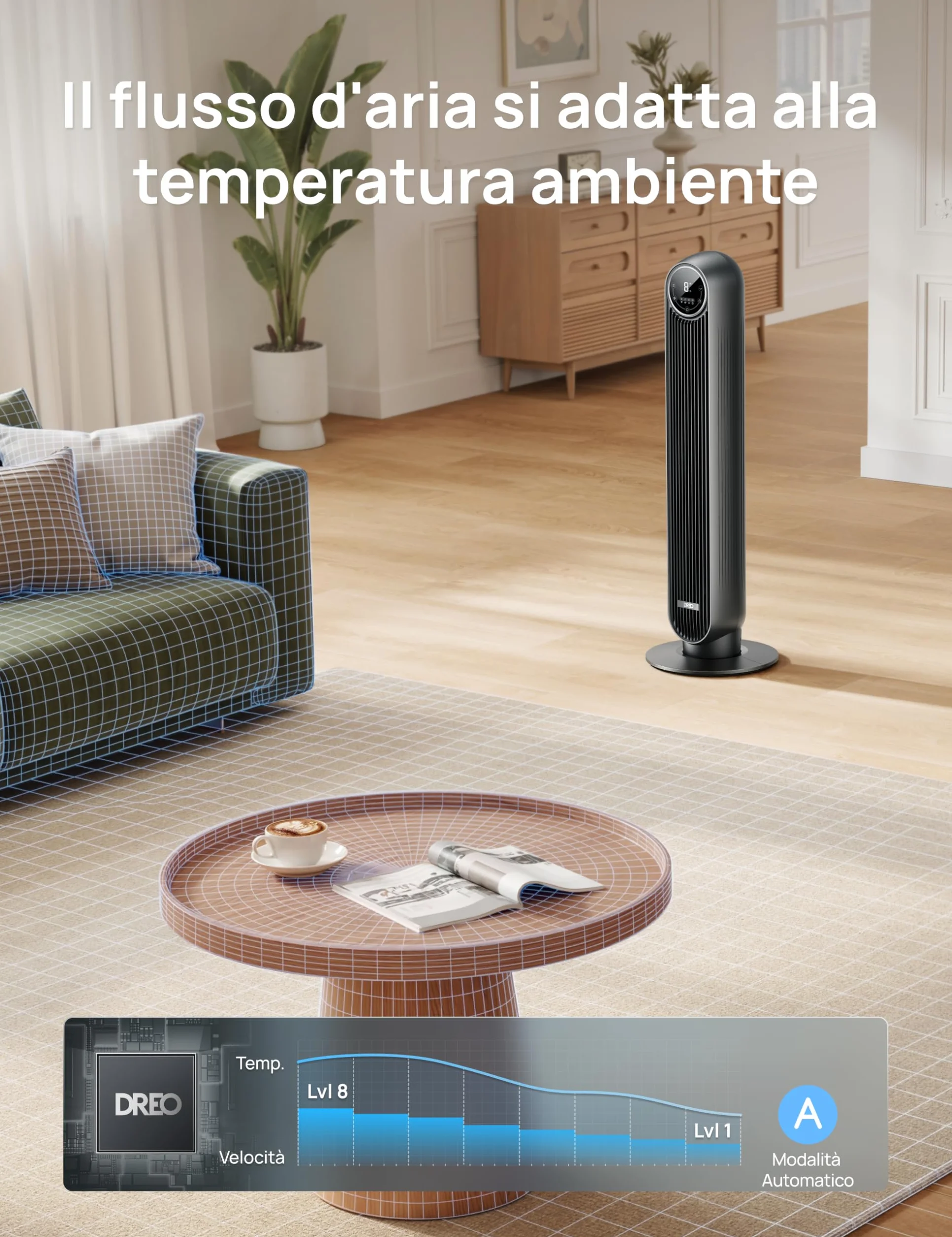 DREO 20dB Ventilatore a Torre Silenzioso, Potente 7.6 m/s, Ventilatori a Colonna con Telecomando, 4 Modalità, 4 Velocità, Oscillazione a 90°, Timer da 1 a 8 ore, Schermo LED, per la Camera da Letto