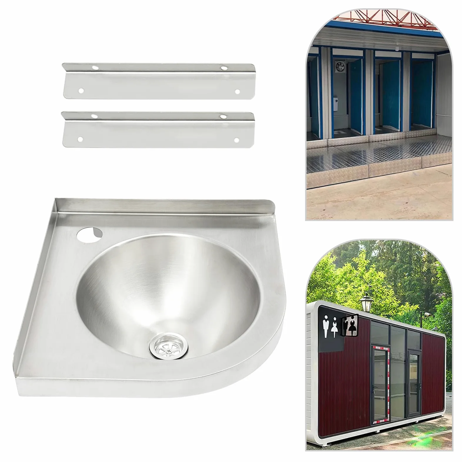 Lavabo in acciaio inox, 30,5 x 30,5 cm, lavello da parete in acciaio inox 304 da 1,2 mm, lavello angolare con scarico, staffe, senza rubinetto, per camper, bagno, cucina