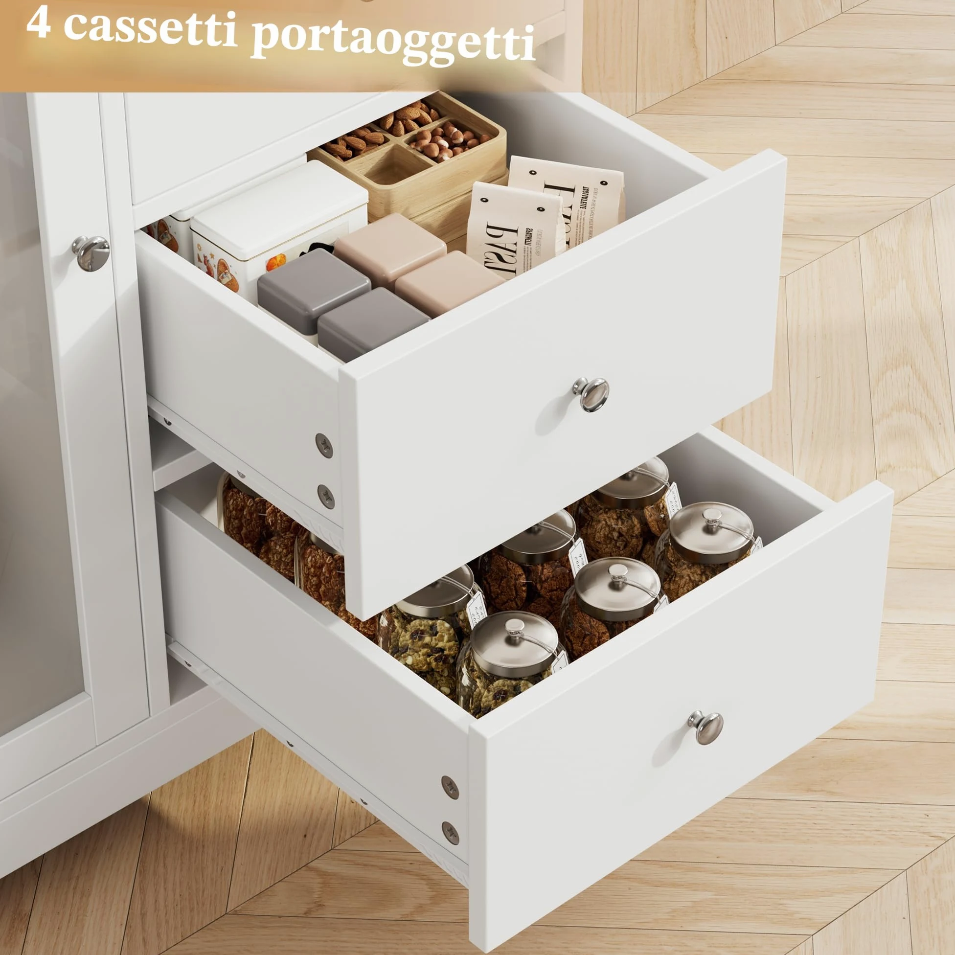 HOCSOK 163cm Credenza Cucina Alta, Dispensa Cucina Mobile Alto con 4 cassetti, Mobile Multiuso con Scaffale per Microonde Per Soggiorno, Sala da Pranzo, Bar, Bianco