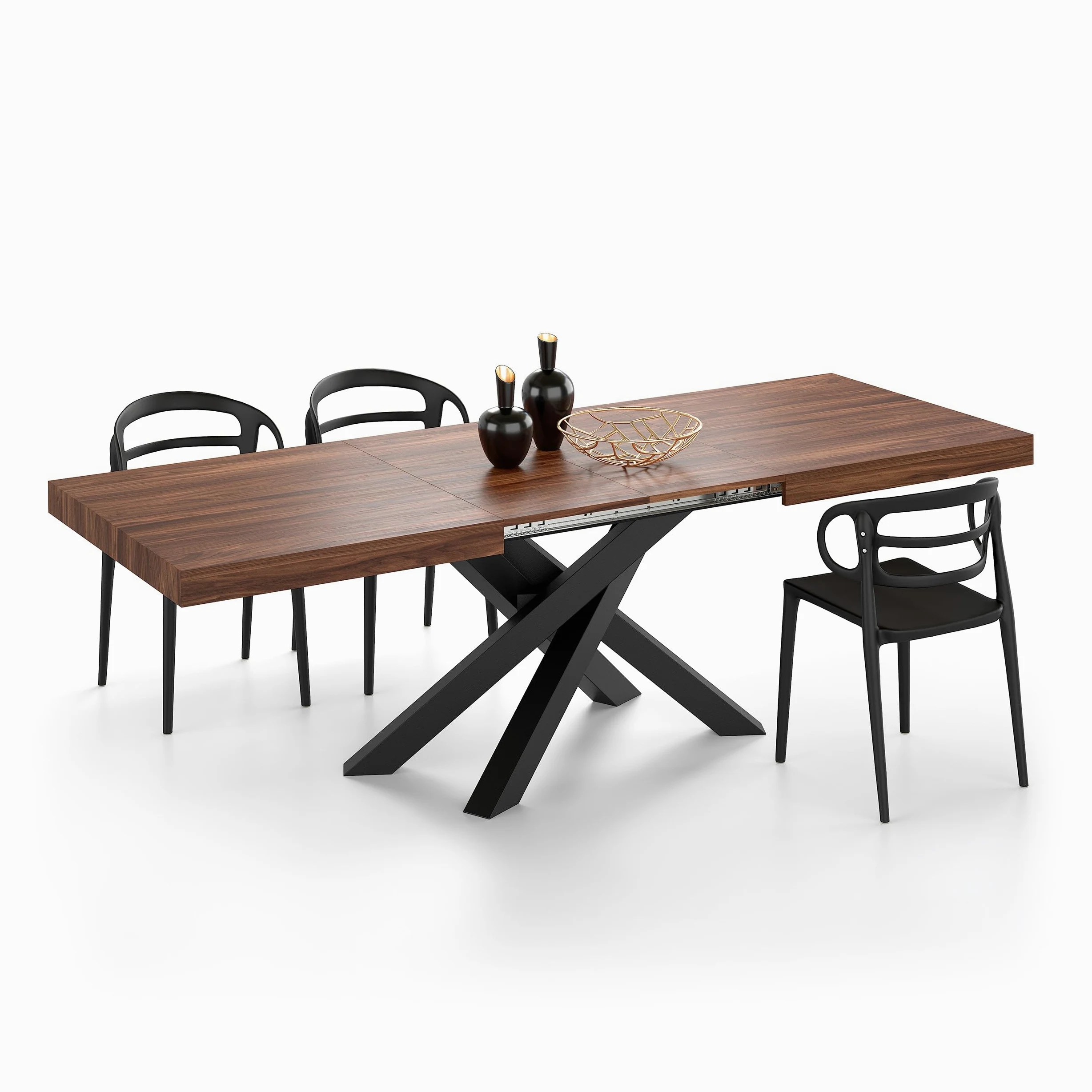 Mobili Fiver, Tavolo Allungabile Emma 160(240) x90 cm, Noce Canaletto con Gambe Incrociate Nere, per 6-10 persone, Tavolo Cucina, Soggiorno, Made in Italy