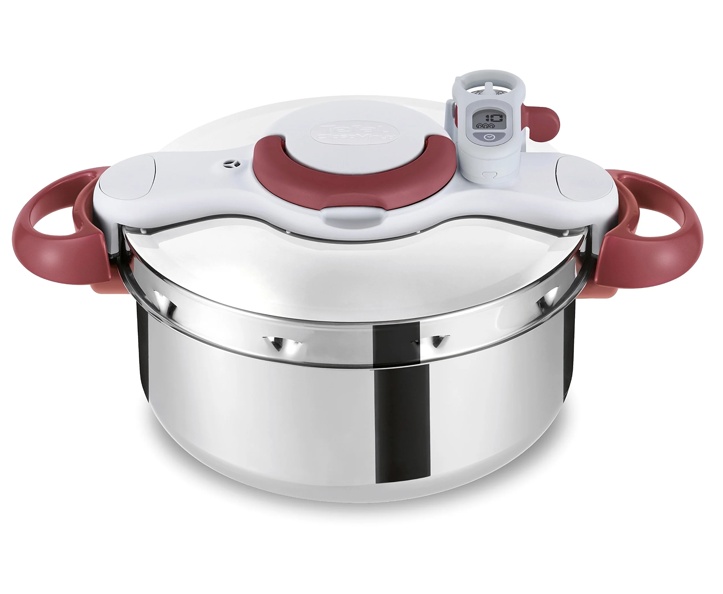 Tafal Clipso Minut - Pentola a Pressione in Acciaio Inox, con 5 sistemi di Sicurezza, Chiusura Facile con Una Mano, Colore: Rosso, Acciaio Inox, edelstahl/Weiß/Rot, 37.4 x 28.5 x 24.6 cm
