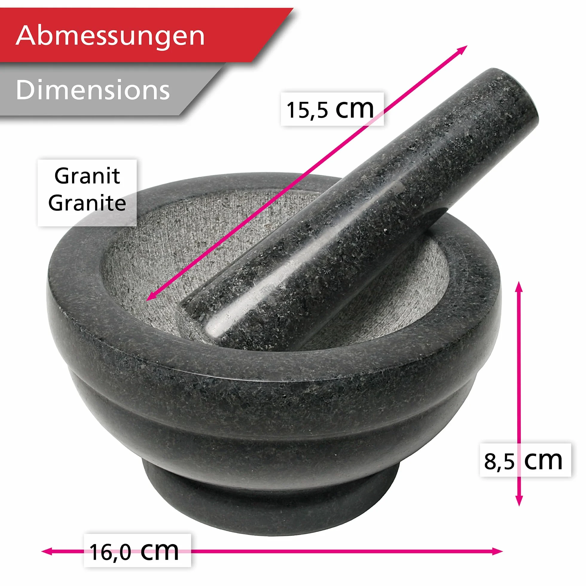 wenco Set di mortaio e pestello in granito Ø 16 cm – perfetto per tritare, macinare e preparare erbe, spezie, pesto – robusto utensile da cucina per la preparazione tradizionale