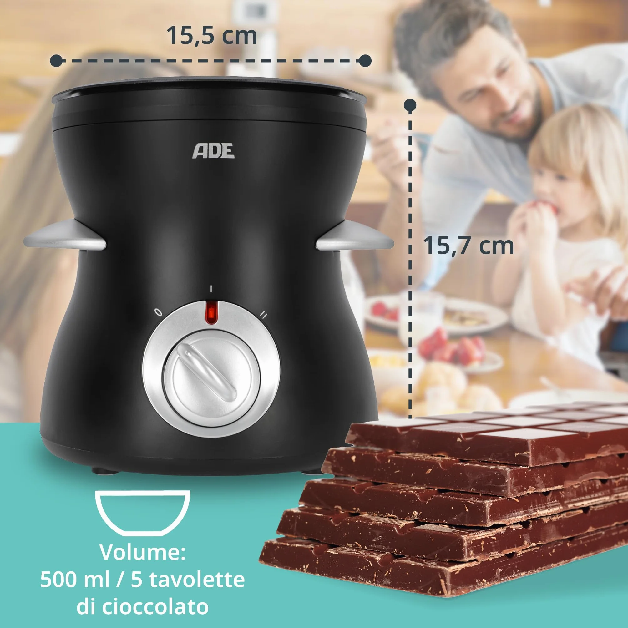 ADE Set per fonduta di cioccolato elettrico 500ml con 8 forchette 2 temperature ciotola rimovibile rivestita in teflon