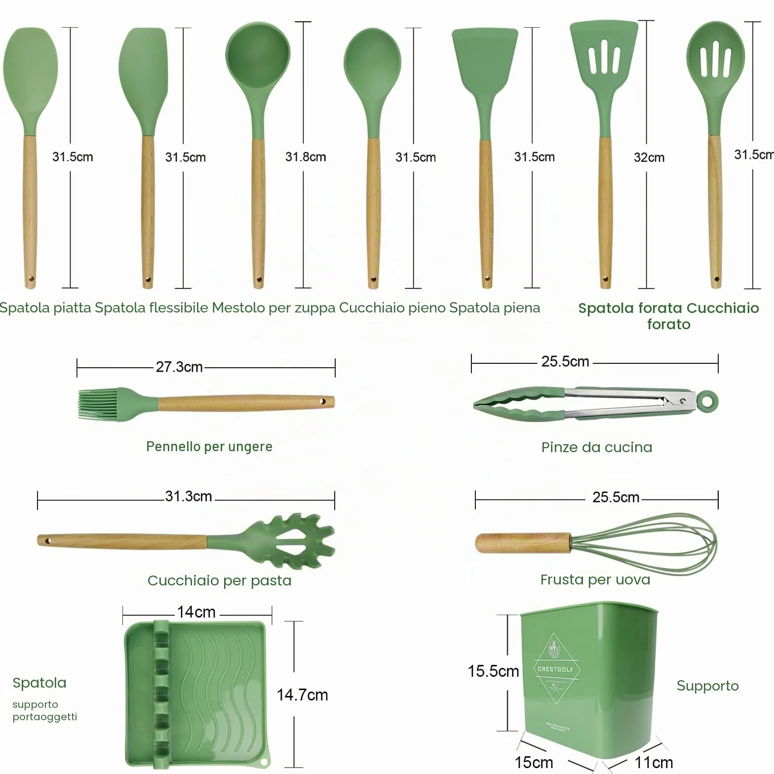Set di 13 utensili da cucina in silicone resistente al calore con vassoio e manico in legno - Verde Avocado