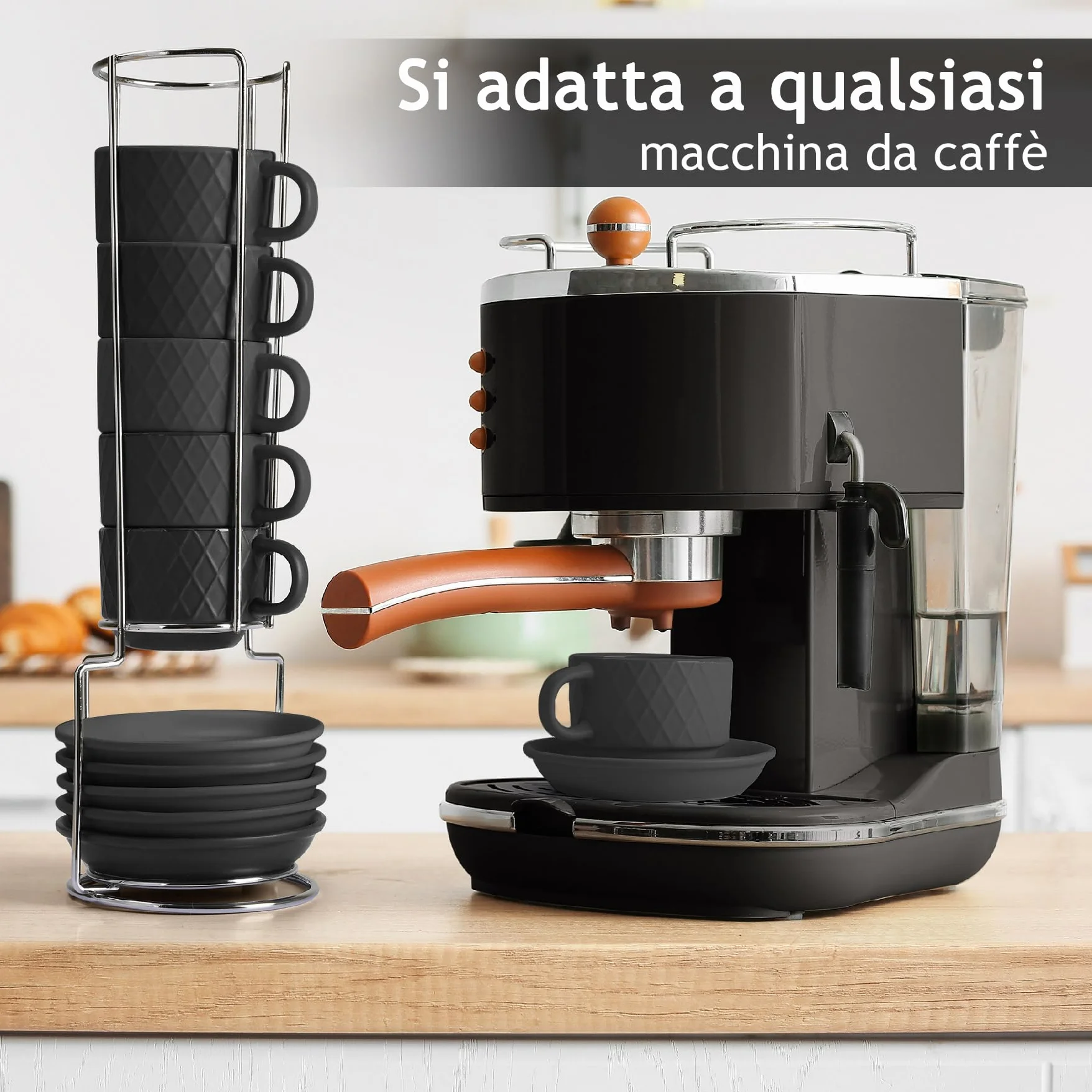 Set di 6 tazze da caffè espresso in ceramica 75 ml con motivo a diamante Palmanova Nero