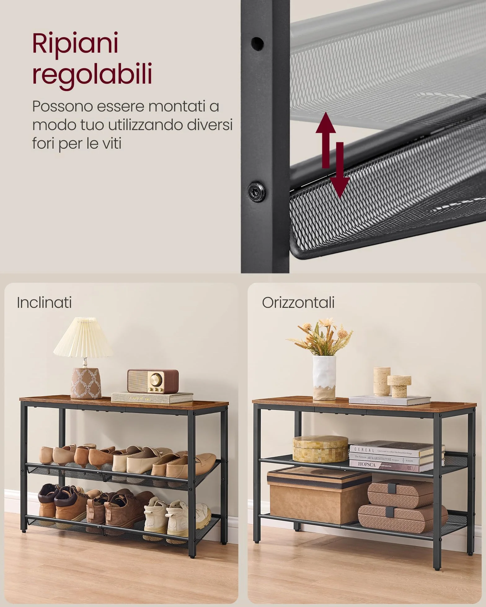 VASAGLE Scarpiera 3 Livelli con Ripiani Regolabili Slim Marrone Vintage Nero