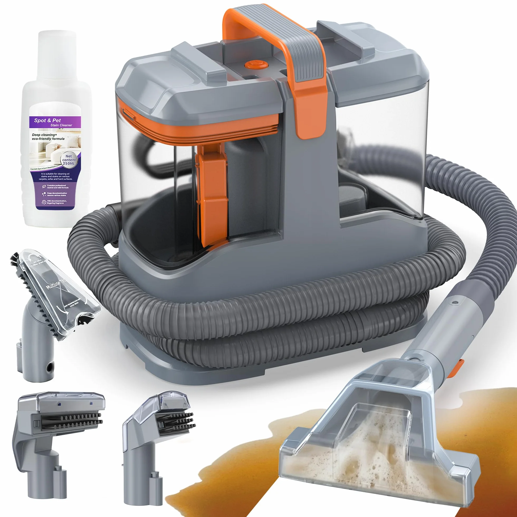 Lavatappeti 450W 13kPa, Lava Tappezzeria e Aspira per Divano, Tappeti e Auto, con 3 Spazzole e Sistema a Doppio Serbatoio Autopulente, Portatile Leggero 2,6kg