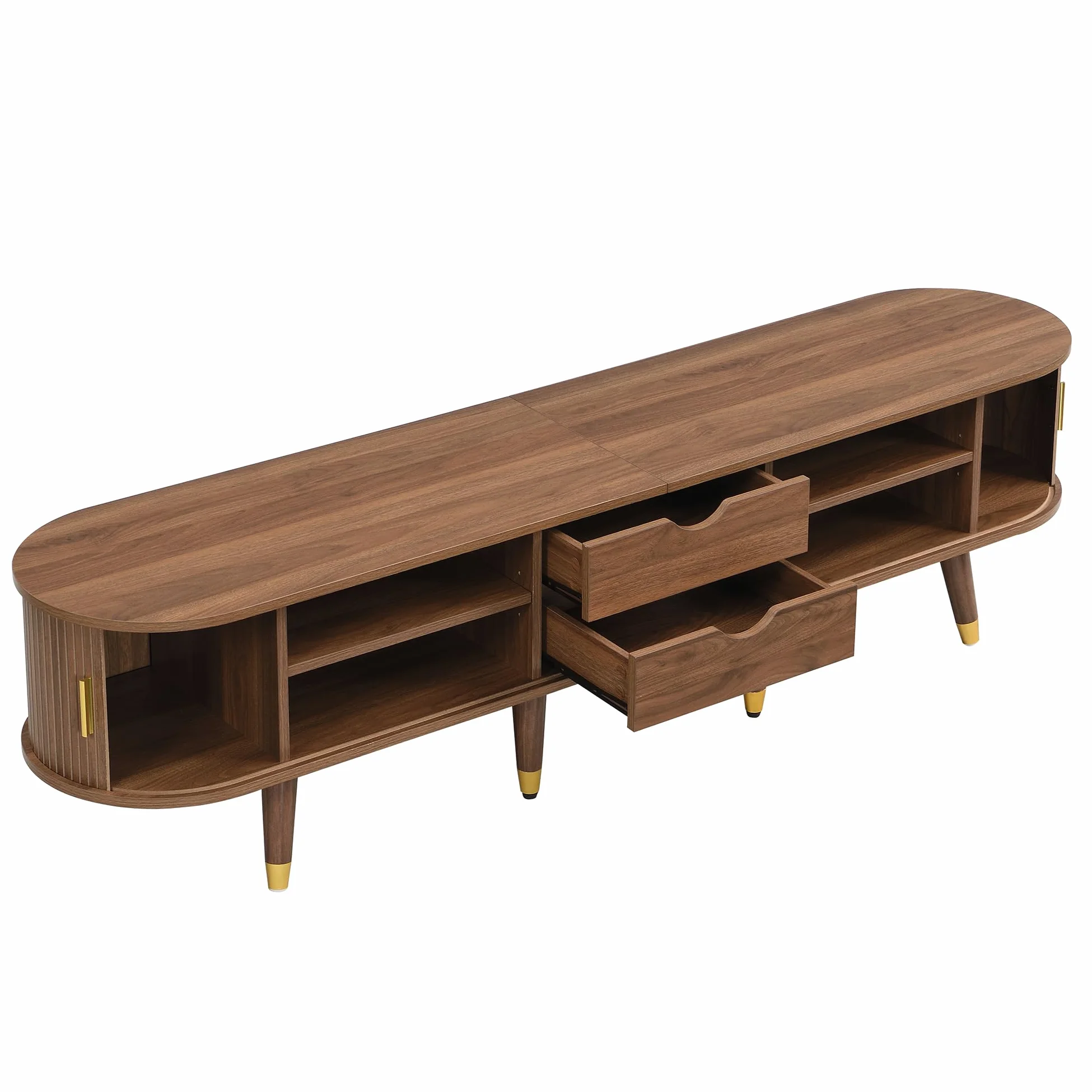 SACOOL Mobile TV stile rustico, 175 cm, con porta scorrevole in rattan, effetto noce e molto spazio di archiviazione, tavolo per TV in MDF con scomparti aperti, cassetti e armadietto, design naturale