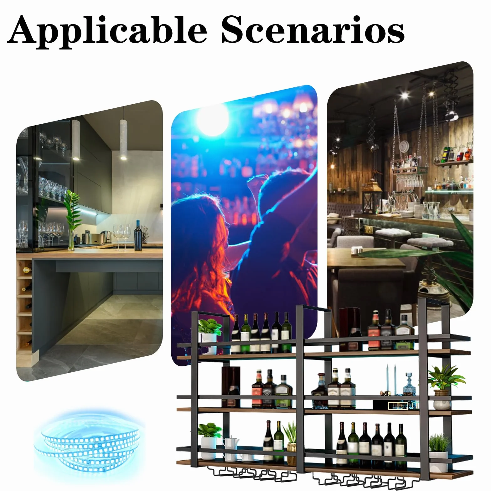 Portabottiglie da Parete con Luce a LED, Mensola Espositivi in Metallo per Bottiglie di Liquori, Espositore di Vino di Grandi Dimensioni, con Portabicchieri per Casa, Cucina, Bar, Sala (nero, 160cm)