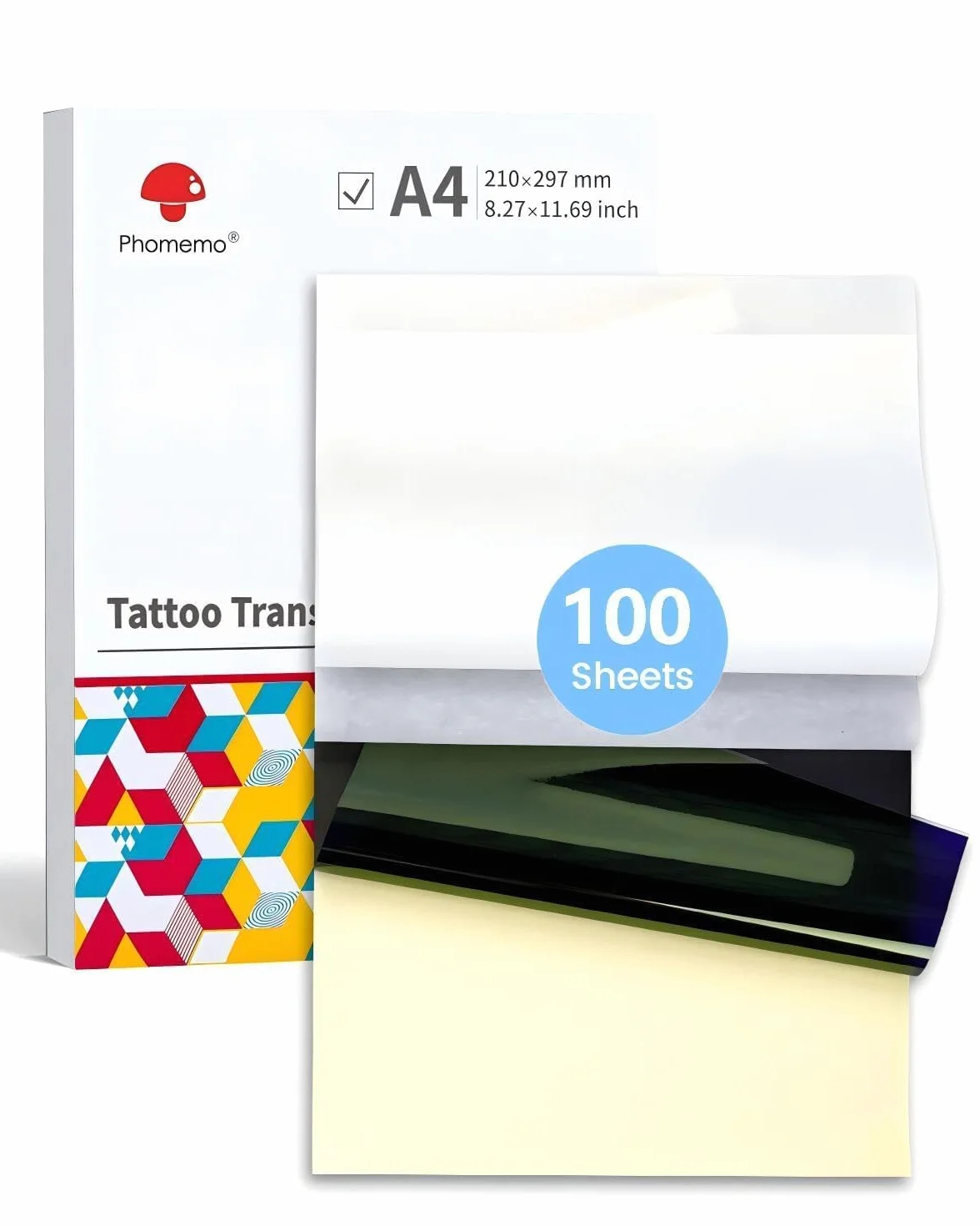 Phomemo M08F Tattoo Transfer Paper, Carta Termica Per Stencil Per Tatuaggi, Compatibile con M08F TP81 TP83 TP88 A886 A887 Stampante Stencil Tattoo, A4 8.27" x 11.69" (210x297mm), 100 fogli