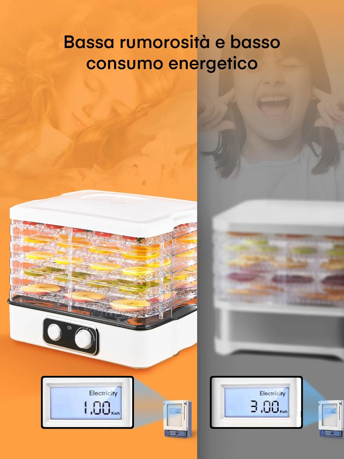 FOHERE Essiccatore Multifunzionale Per Frutta e Verdura, Disidratatore Per Alimenti Regolabile In Altezza 5 Ripiani Impilabili, Temperatura Regolabile (35°C-70°C), Adatto Per Frutta, Carne e Verdura