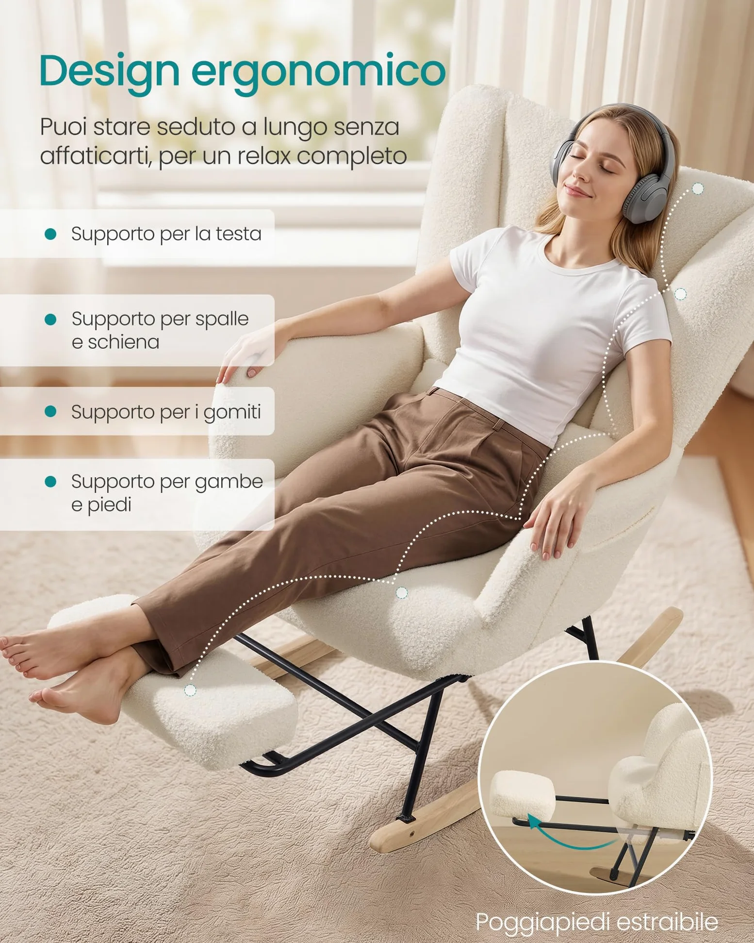 SONGMICS Sedia a Dondolo, Poltrona a Dondolo, Poggiapiedi Estraibile, Cuscino Rimovibile, Tasche, Gambe in Legno, Tessuto di Peluche, Camera da Letto Soggiorno, Bianco Crema LYY018W101