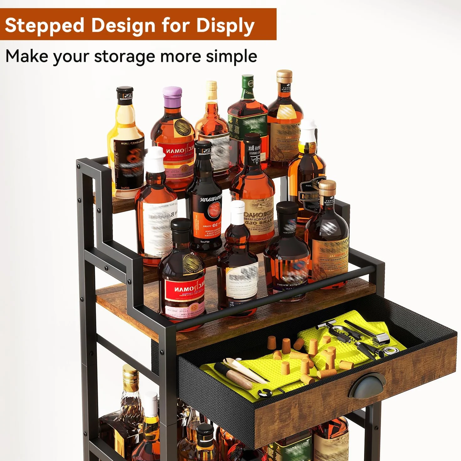 IBUYKE Portabottiglie Vino Gradini da Terra,Mobile Vino con Cassetto per Whisky,Espositore per Bottiglie di Liquori per Bar, Soggiorno, Sala da Pranzo,Marrone TMJ915H