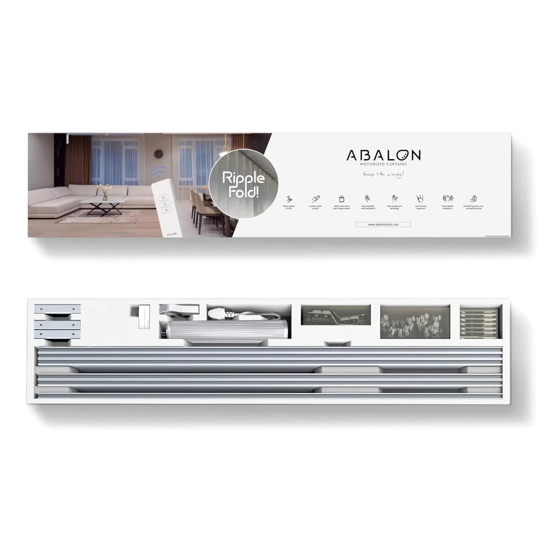 ABALON Binario Motorizzato per Tende Perfect Wave, Motore WiFi Compatibile con Alexa, Google Home e App Mobile Tuya Smart, Telecomando, Larghezza fino a 2 metri, Bianco
