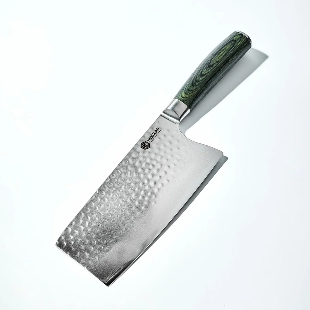HexClad Coltello mannaia, lama giapponese in acciaio inox damasco da 18 cm, costruzione a tutto codolo, manico in legno pakkawood