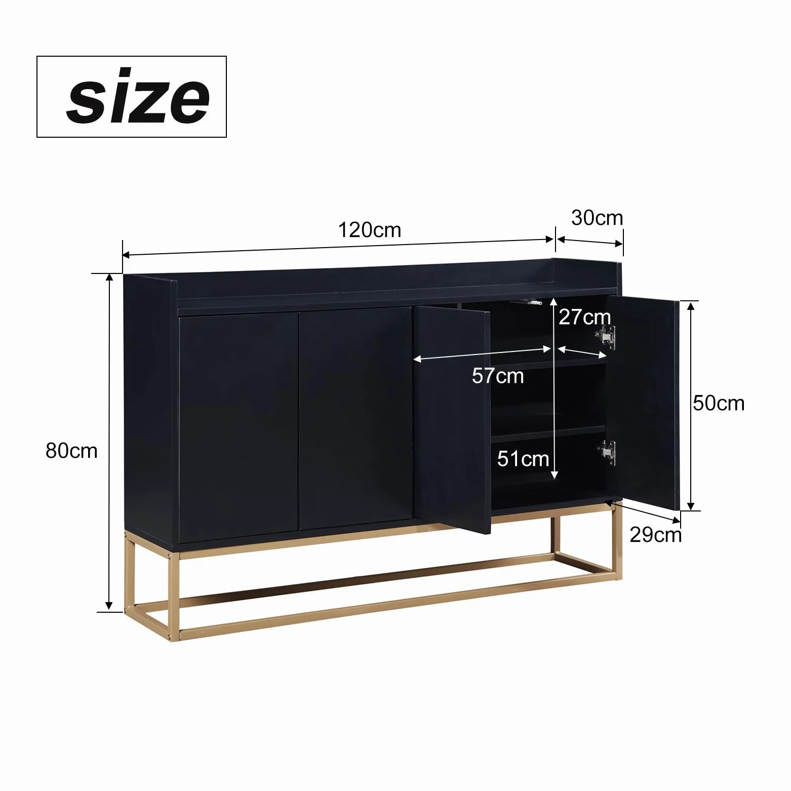 Credenza 120 cm, madie moderne soggiorno con 4 ante, buffet mobile cucina con ripiano regolabile e gambe in metallo, per cucina, soggiorno, sala da pranzo, ingresso (nero, 120 x 30 x 80 cm)