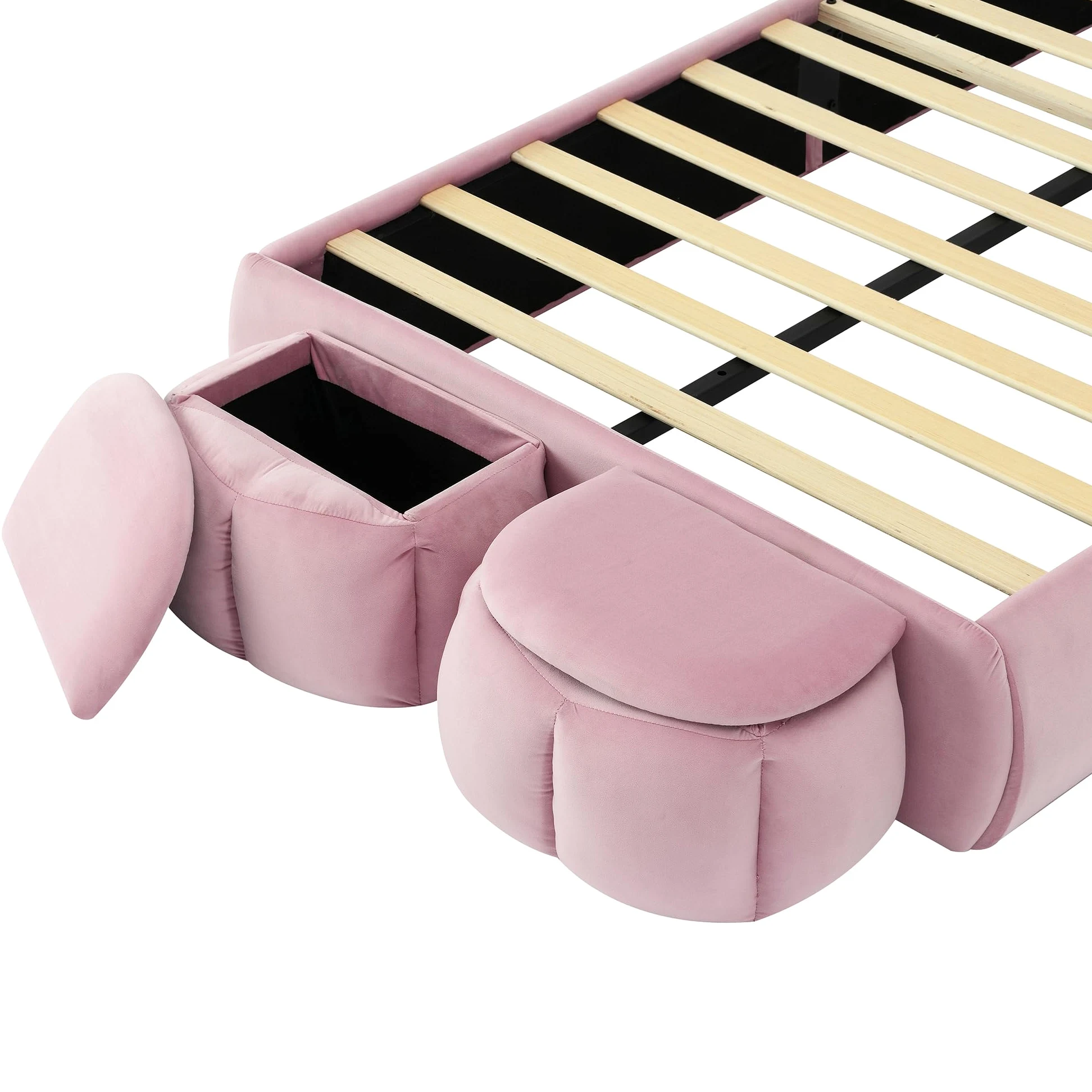 Letto Imbottito per Bambini 90 * 200cm con Due Sgabelli Contenitore, Orecchie di Coniglio con Luce LED, Lettos Singolo con Doghe in Legno, Velluto, Rosa