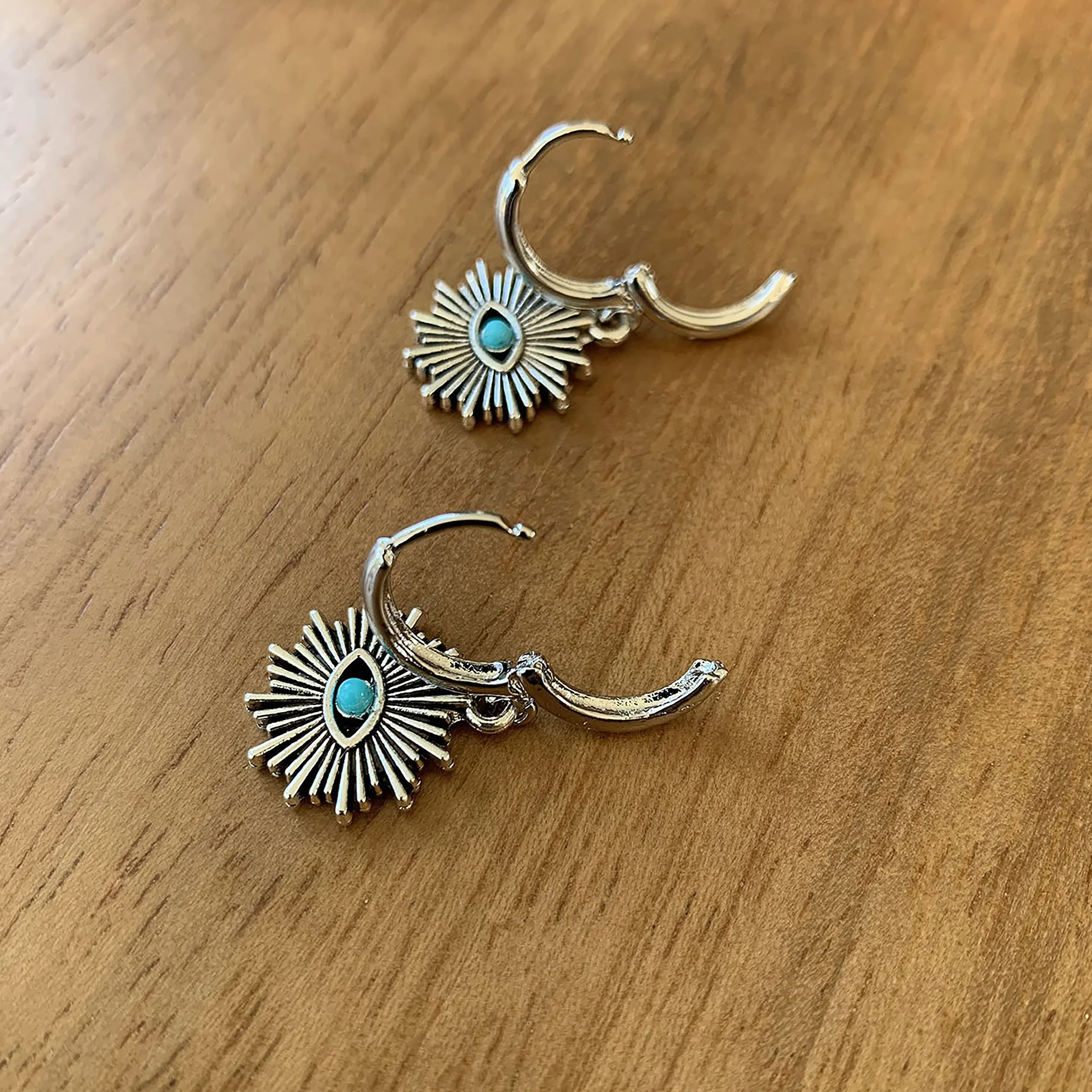 Orecchini Donna Cerchio Piccolo Placcati Platino Ciondolo Sole Etnico Fiore del Sole Argento Antico con Pietra Turchese Amuleto Protezione ASTER ALHELÍ