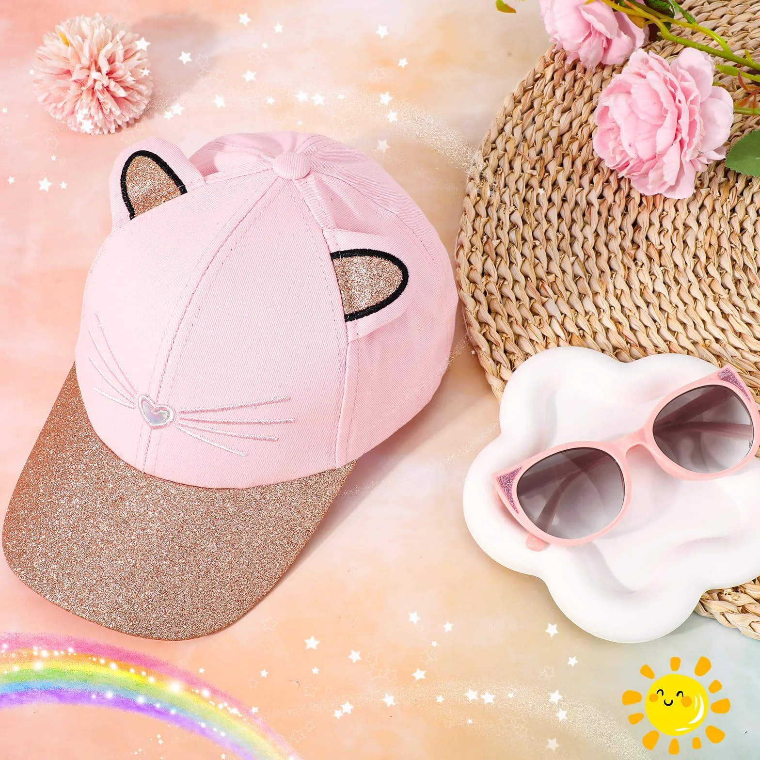 Hifot Cappello da Baseball Bambina Occhiali da Sole Protezione UV Regolabile Visiera Paillettes Berretto Estivo