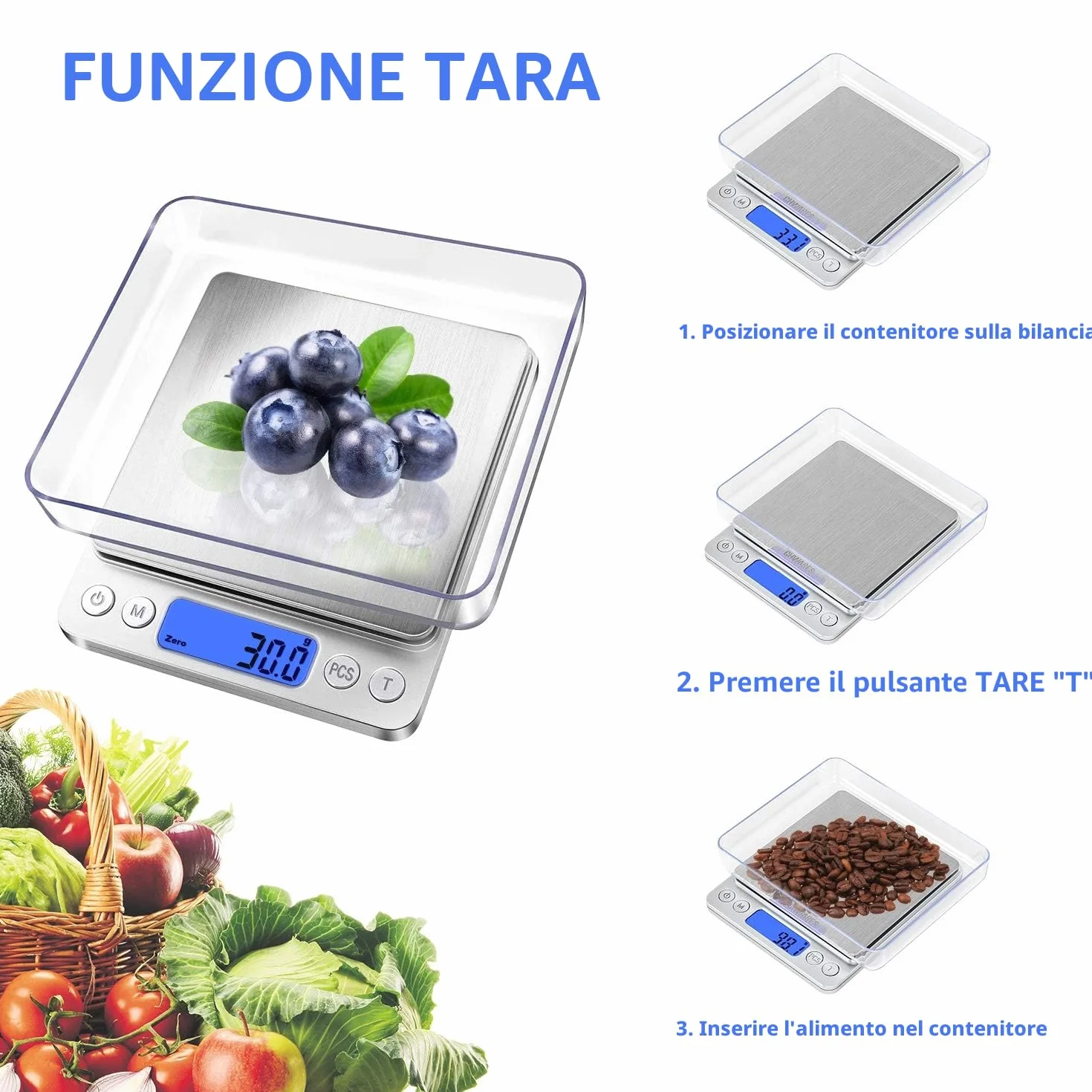 Digitale Bilancia da cucina, ricarica USB, piccola mini bilancia da 3 kg / 0,1 g, bilancia elettrica da cucina, impermeabile, ricaricabile tramite USB, in acciaio inox, per ingredienti gioielli caffè