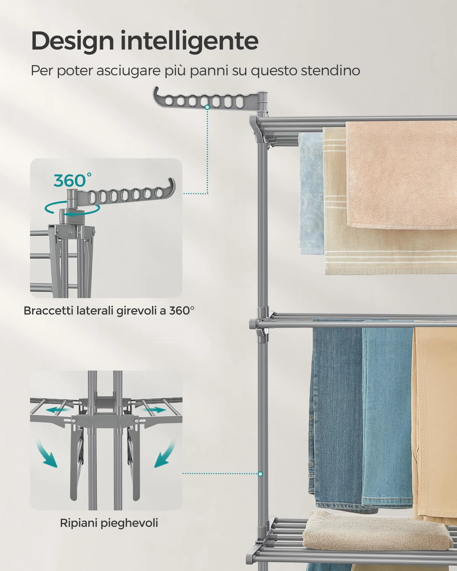 SONGMICS Stendibiancheria Pieghevole 4 Livelli con Ruote 63,5x128x173 cm Grigio LLR701G01