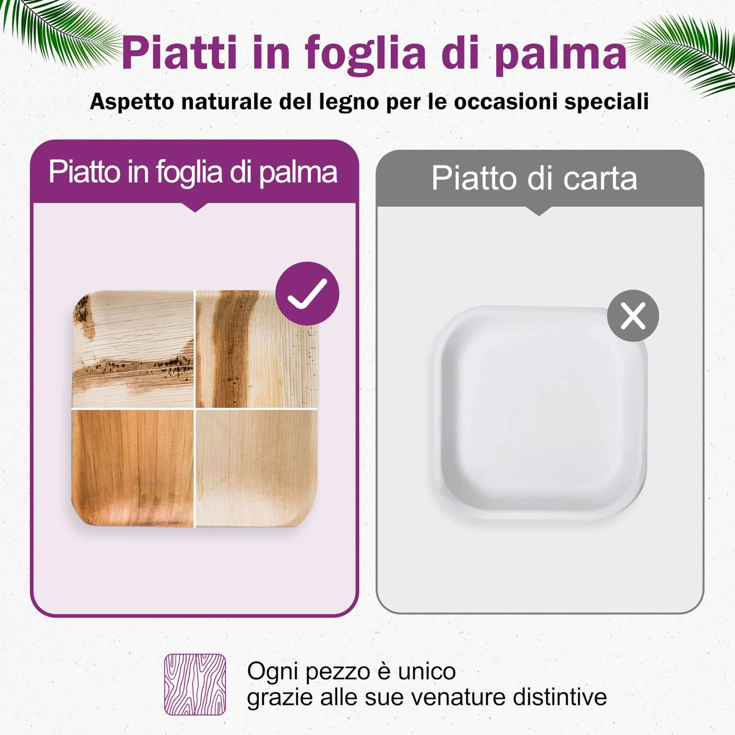 Piatti in Foglia di Palma Biologici 50 Pz Quadrati 23x23 cm Biodegradabili Compostabili