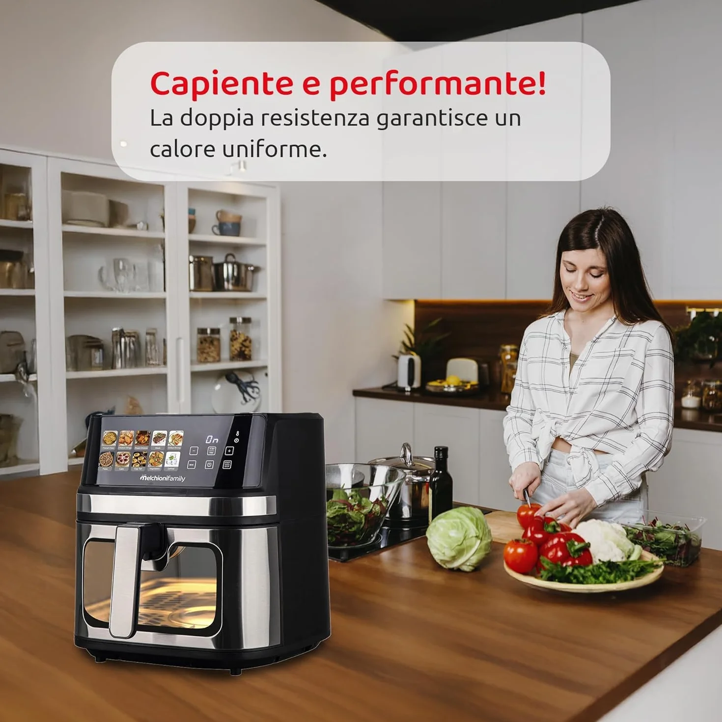 Melchioni Gaia Plus Friggitrice ad Aria 8 Litri 2200 Watt Display LED 10 Programmi Timer 60 Minuti Vetro Ricondizionato
