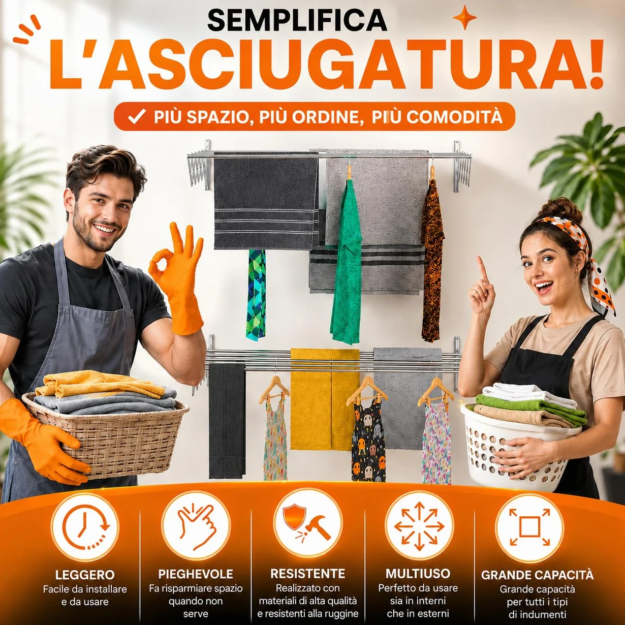 Stendino da Parete 100 cm Acciaio Inossidabile, Stendibiancheria a Scomparsa 25 kg