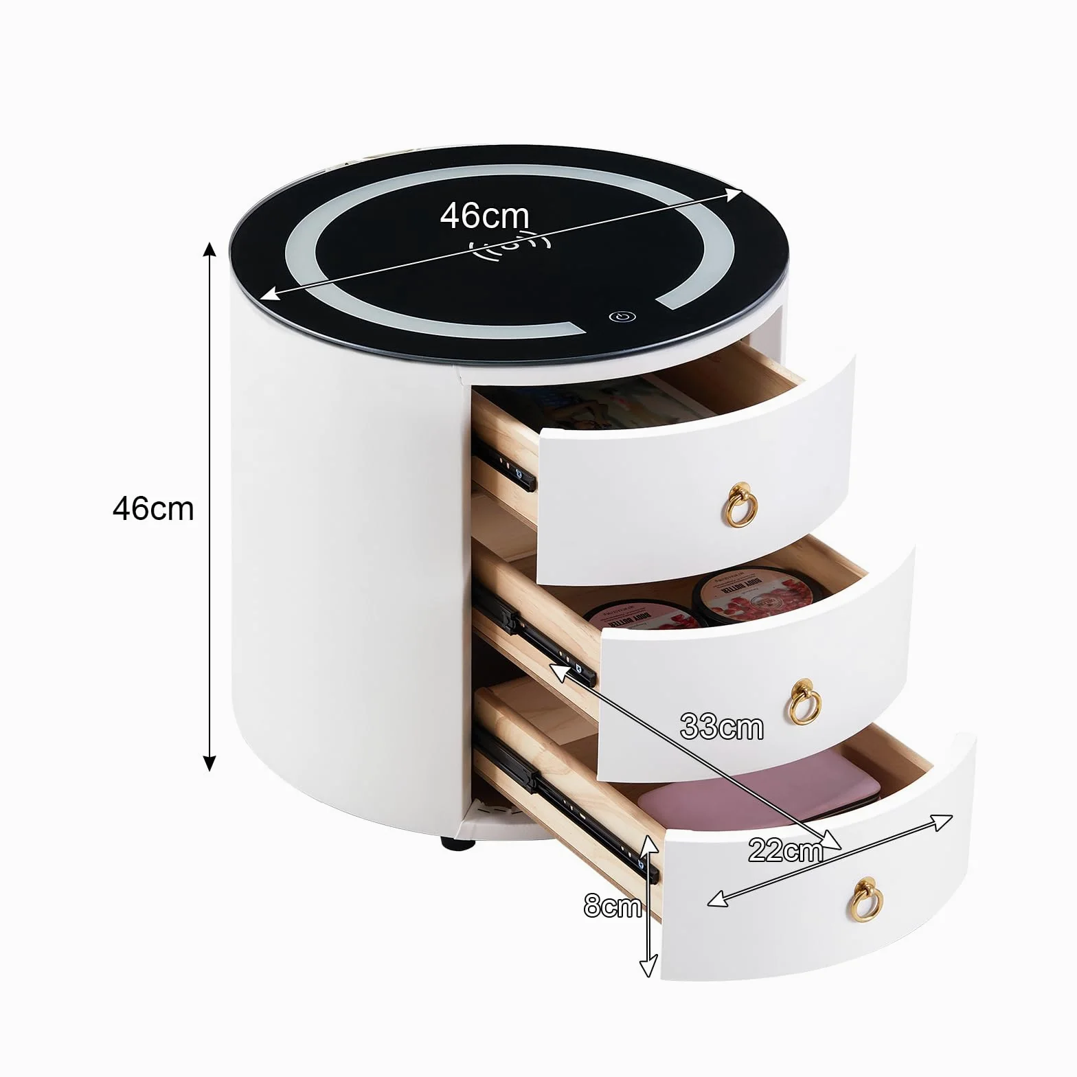 LEMROE Comodino rotondo con luce LED regolabile e stazione di ricarica wireless in vetro, Comodino intelligente con 3 cassetti, Tavolino da camera da letto (1, Bianco)