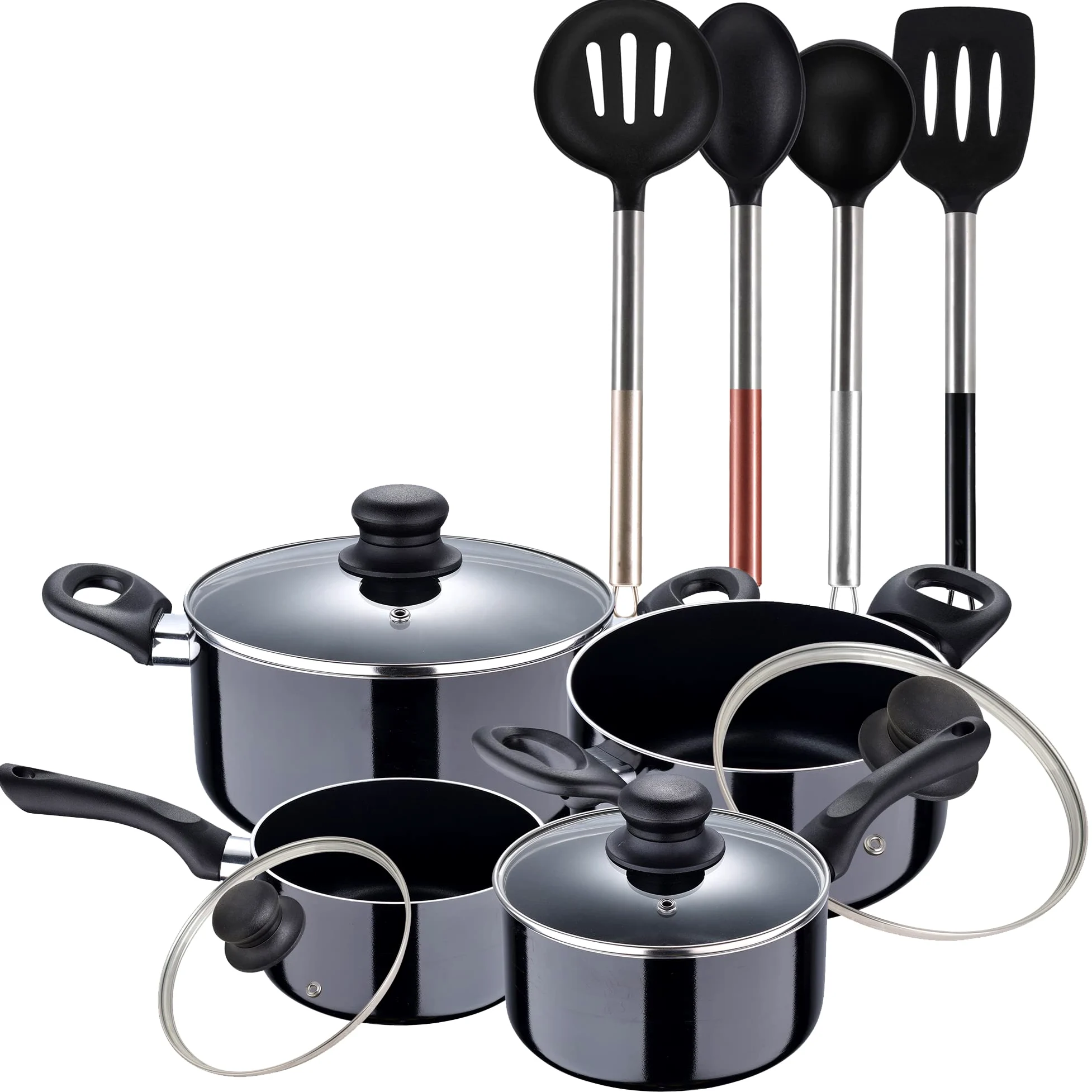 Set di pentole in alluminio pressofuso + set di 4 pezzi di utensili da cucina
