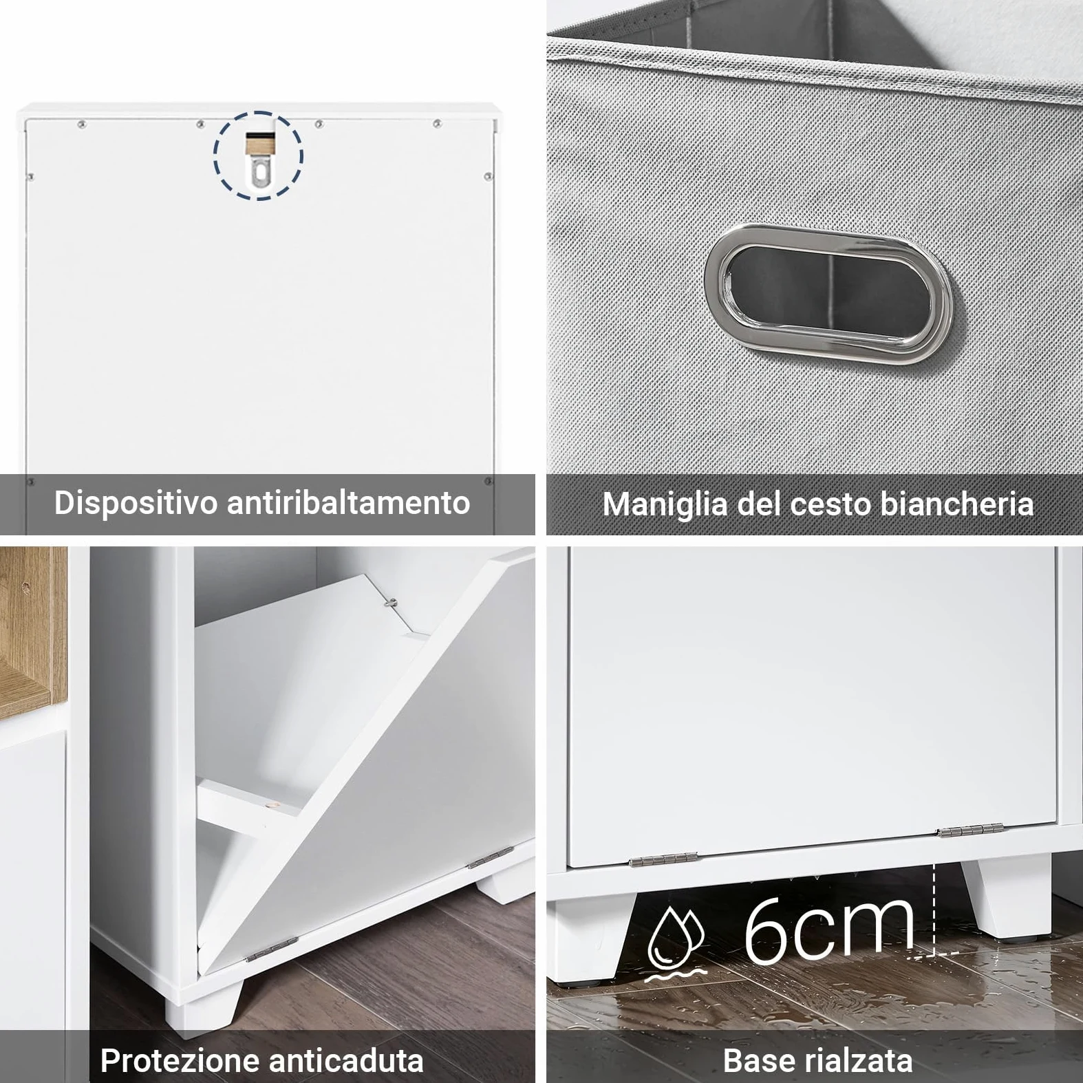 SoBuy Mobile Bagno Salvaspazio con Cesto Portabiancheria – Mobiletto Cassettiera Bagno, Mobile Lavanderia Bianco, 35 x 30 x 105 cm, BZR146-W