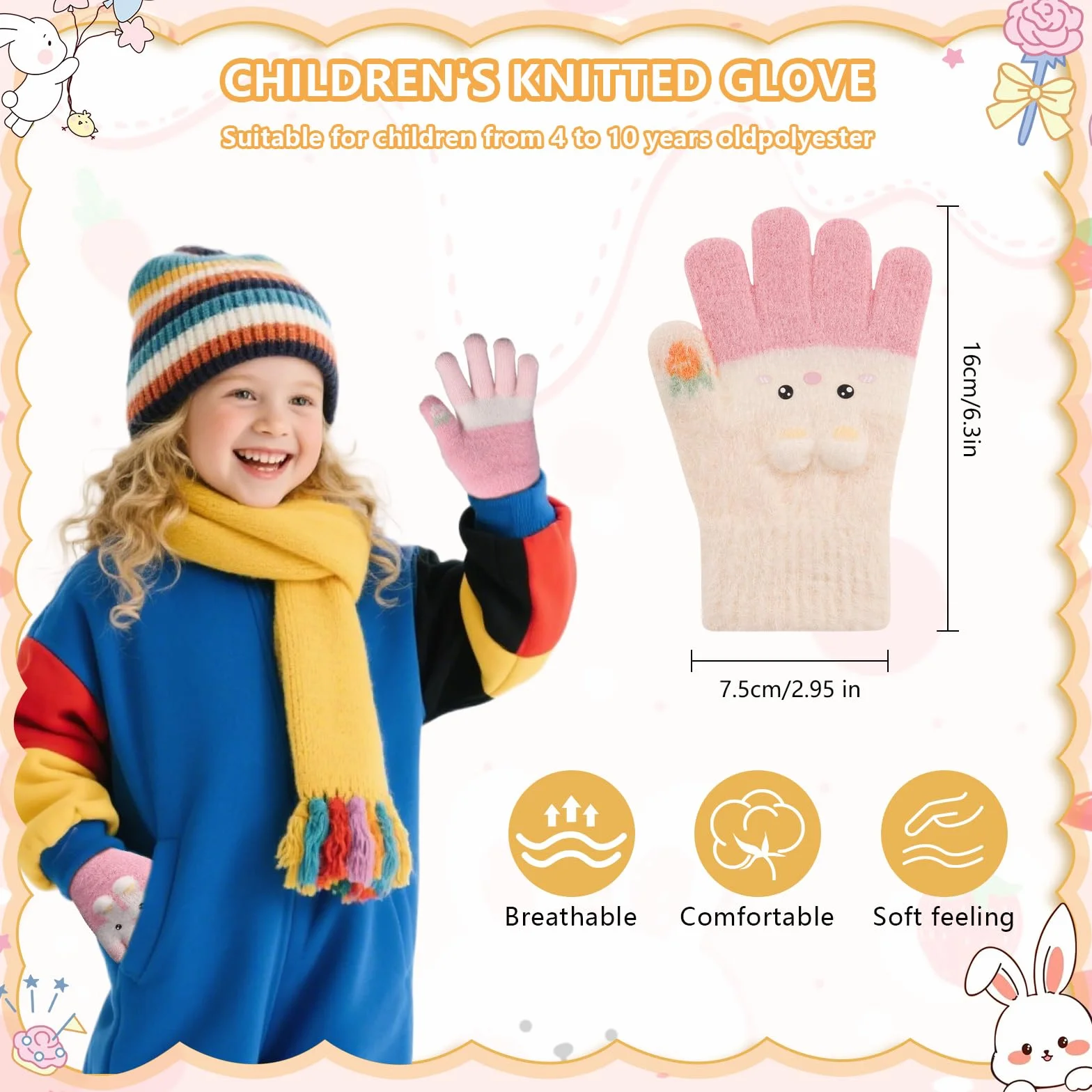 Guanti Magici Caldi per Bambini QKURT – Guanti Termici Morbidi Elastici a Dita Intere con Motivo Coniglio, Età 4-12 Anni