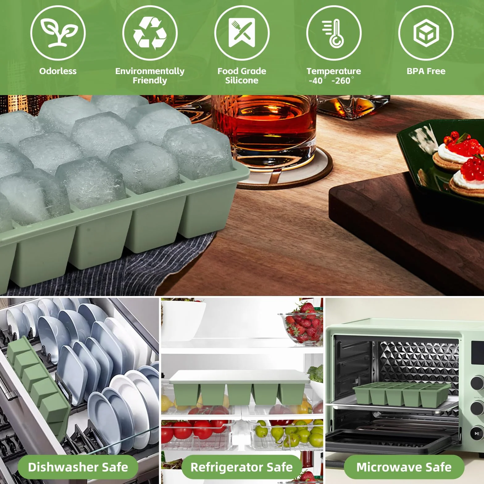 Stampo per Ghiaccio Silicone Senza BPA con Coperchio Impilabile per Freezer 2 Pezzi Verde
